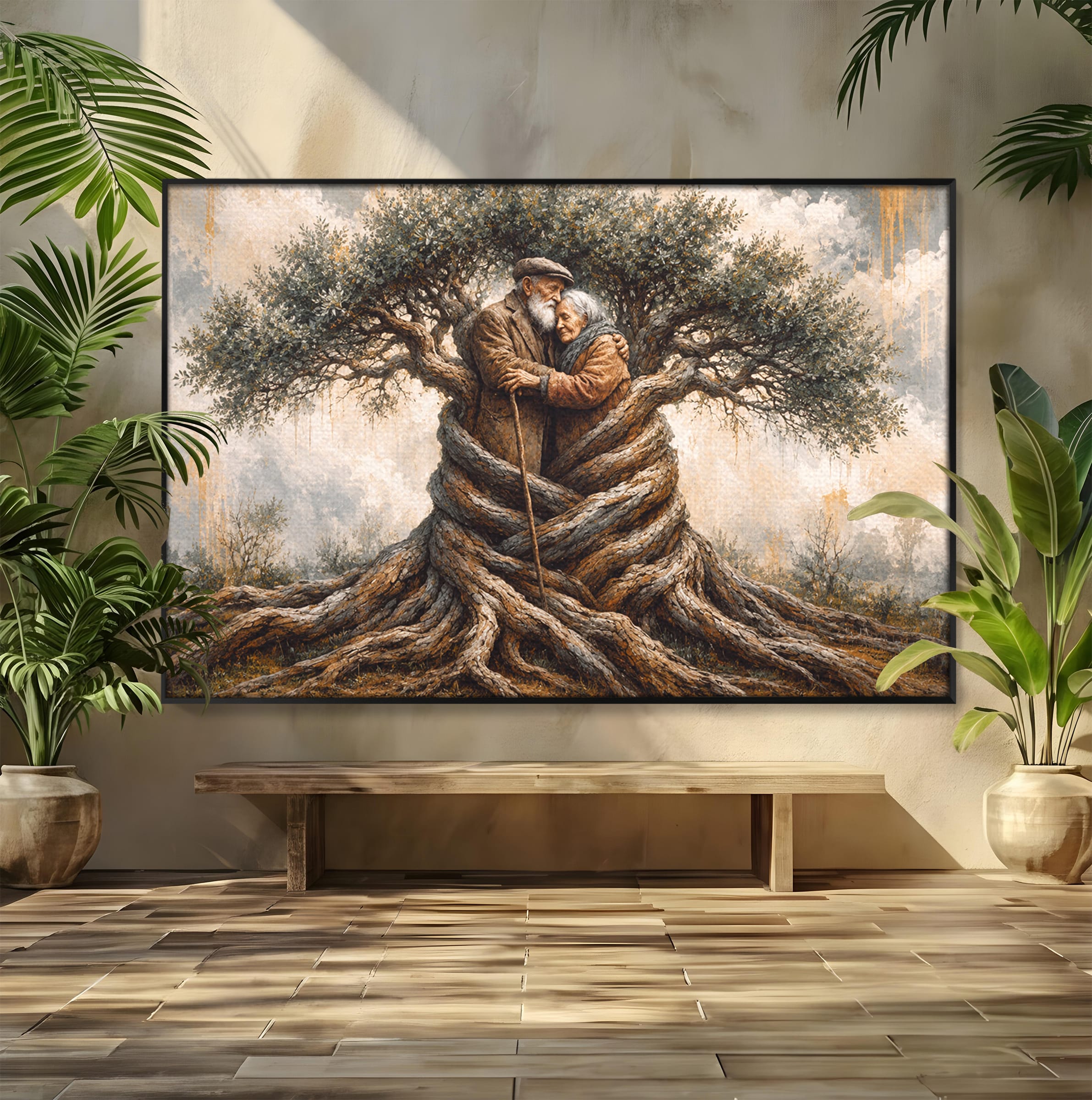 Tablou Canvas Premium LuxCanva® U1010, Imbratisarea Timpului, Batrani, Copac, Iubire, Timp, Natura, Living, Culori Vibrante
