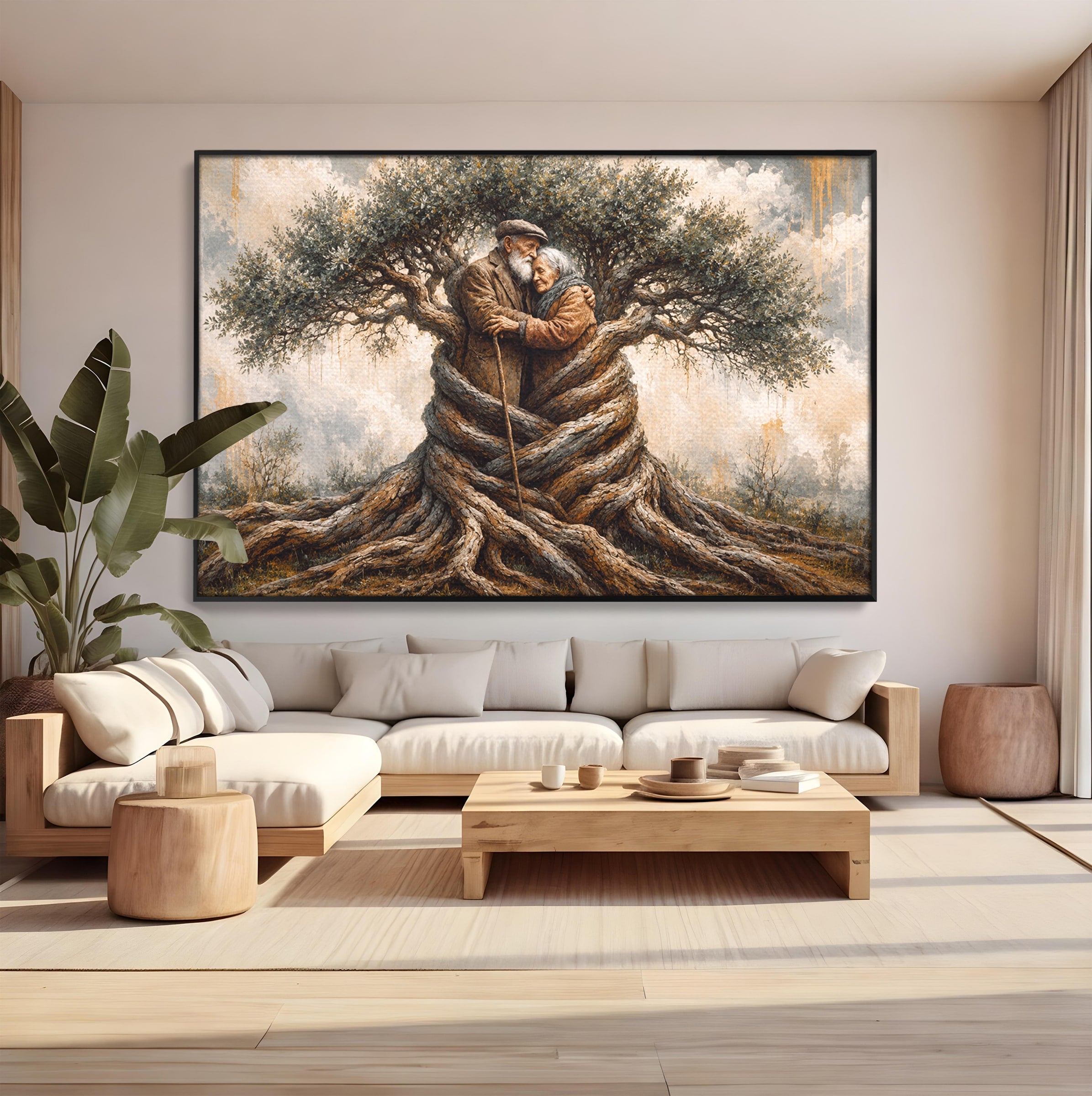 Tablou Canvas Premium LuxCanva® U1010, Imbratisarea Timpului, Batrani, Copac, Iubire, Timp, Natura, Living, Culori Vibrante