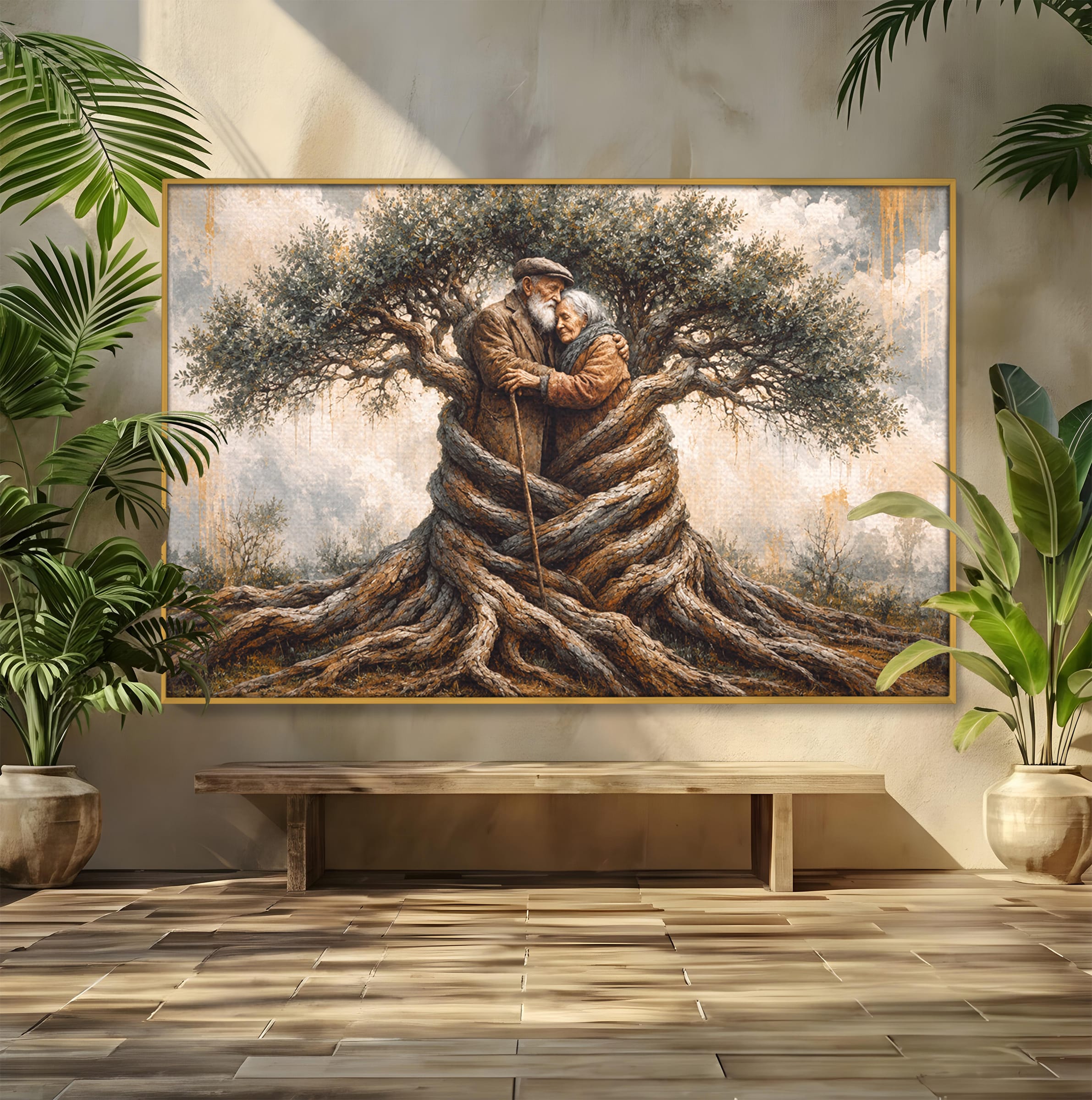Tablou Canvas Premium LuxCanva® U1010, Imbratisarea Timpului, Batrani, Copac, Iubire, Timp, Natura, Living, Culori Vibrante