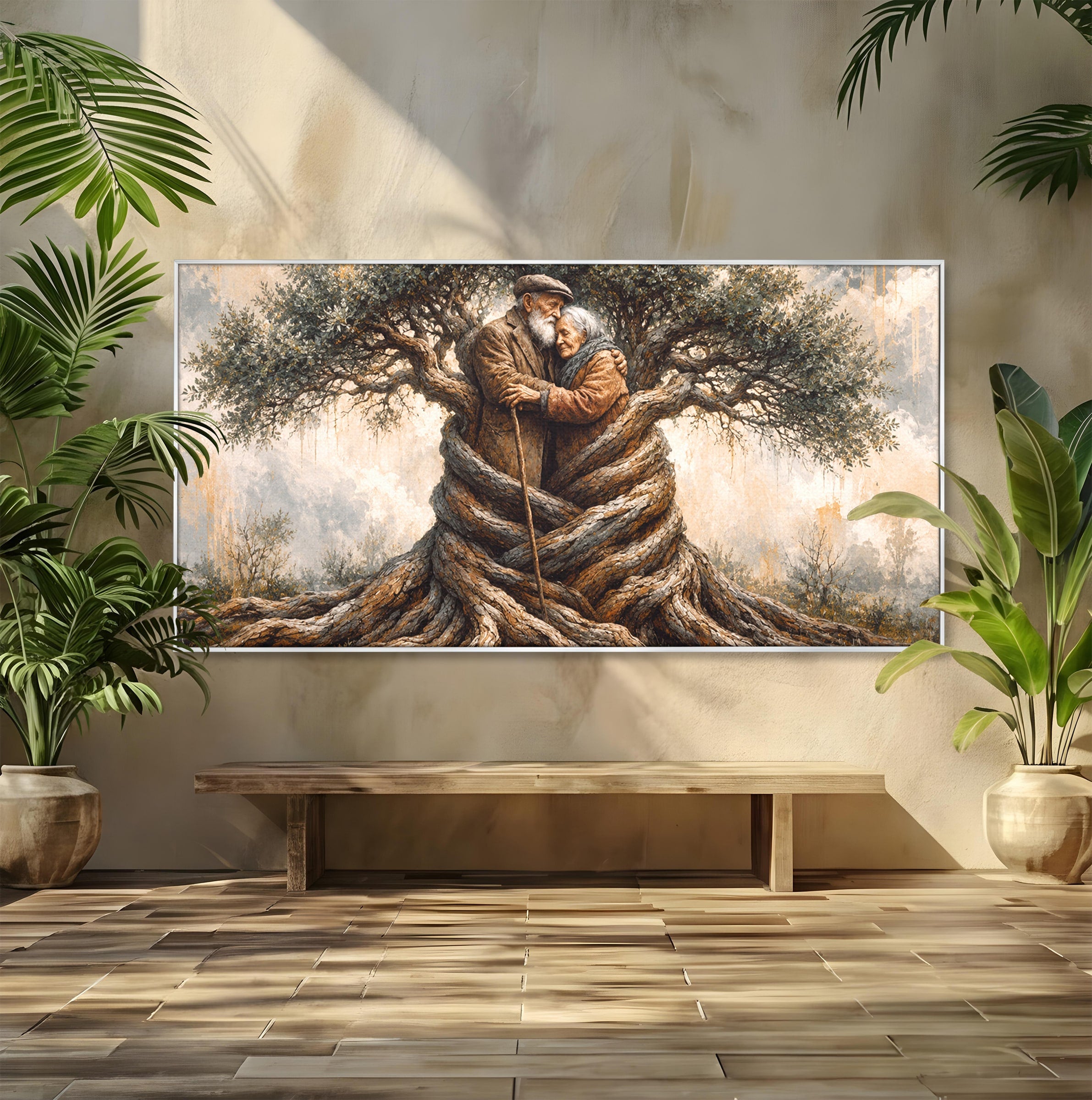 Tablou Canvas Premium LuxCanva® U1010, Imbratisarea Timpului, Batrani, Copac, Iubire, Timp, Natura, Living, Culori Vibrante