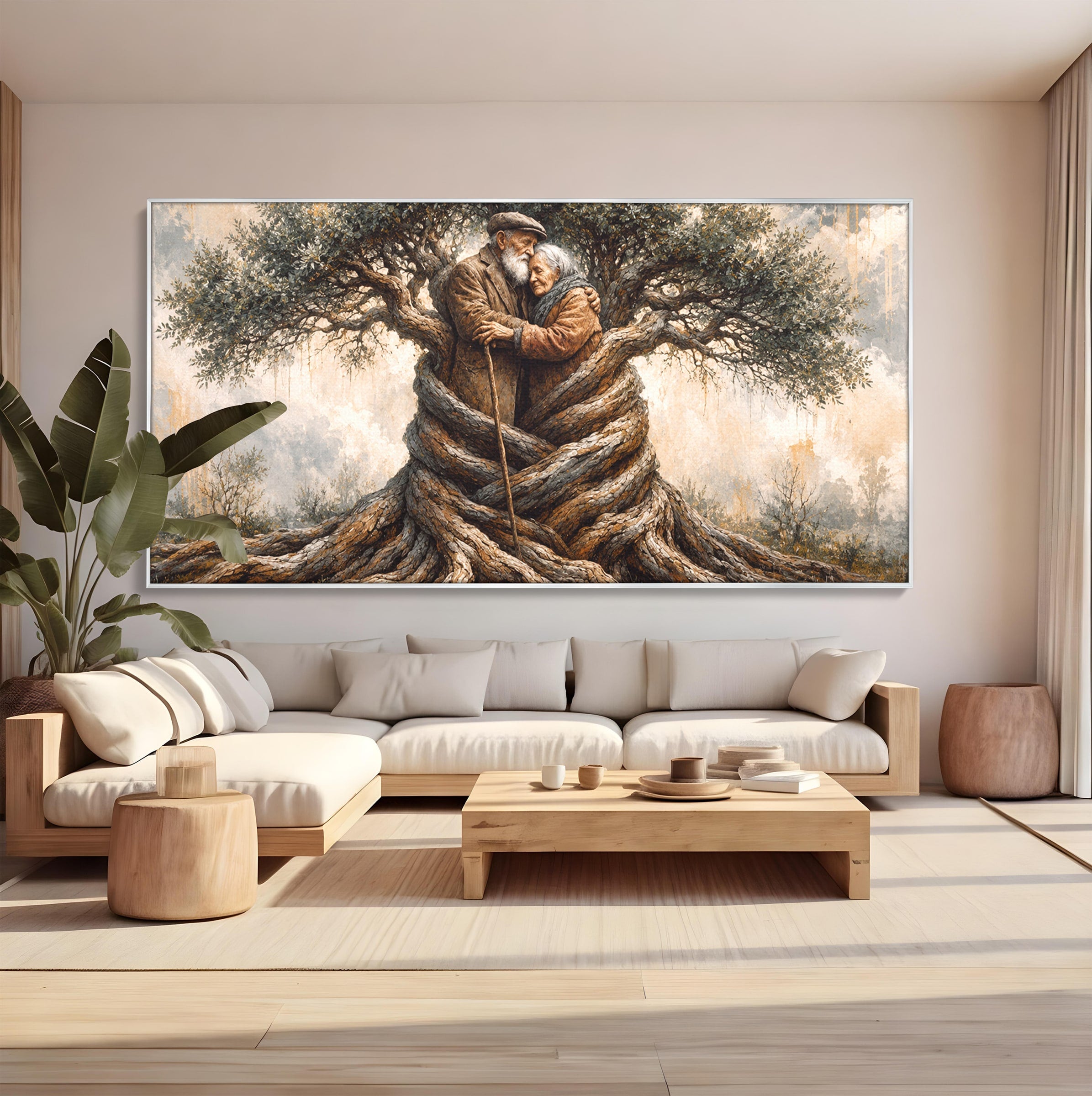Tablou Canvas Premium LuxCanva® U1010, Imbratisarea Timpului, Batrani, Copac, Iubire, Timp, Natura, Living, Culori Vibrante