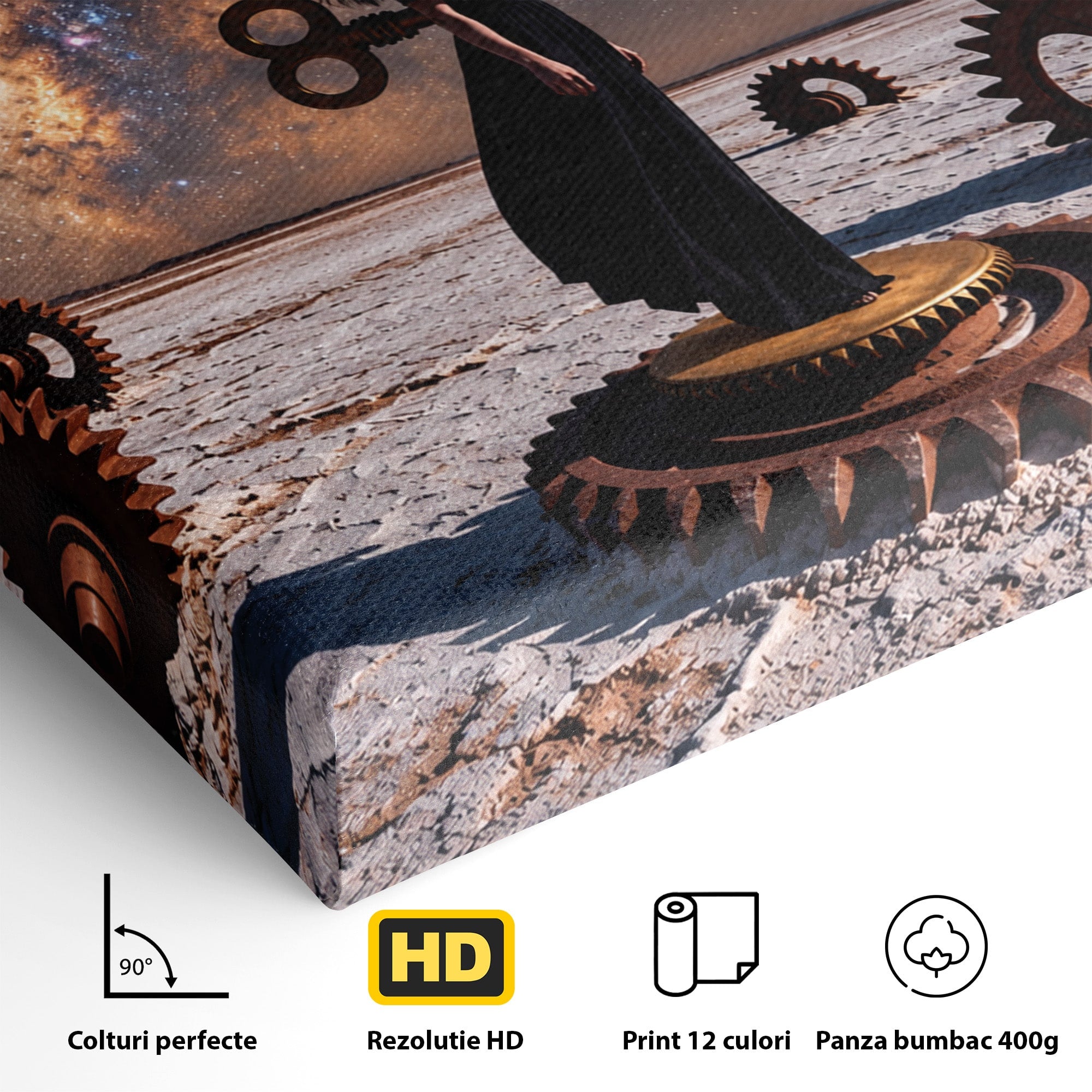 Tablou Canvas Premium LuxCanva® U1013, Femeie In Universul Mecanic, Stele, Mecanica, Desert, Fantezie, Femeie, Dormitor, Culori Vibrante