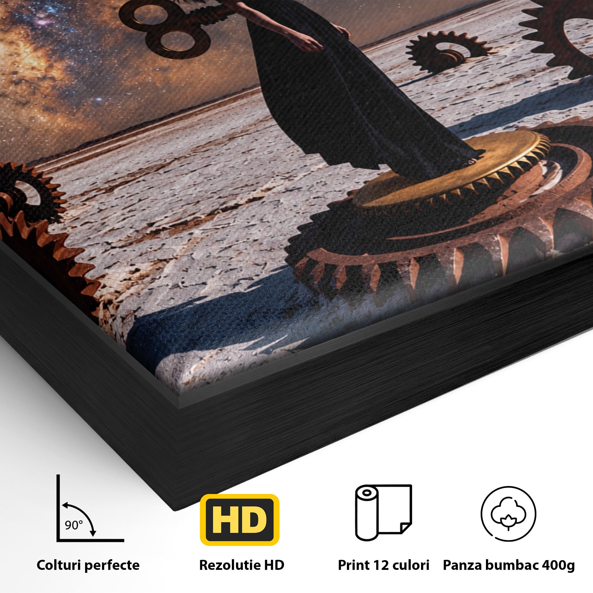 Tablou Canvas Premium LuxCanva® U1013, Femeie In Universul Mecanic, Stele, Mecanica, Desert, Fantezie, Femeie, Dormitor, Culori Vibrante