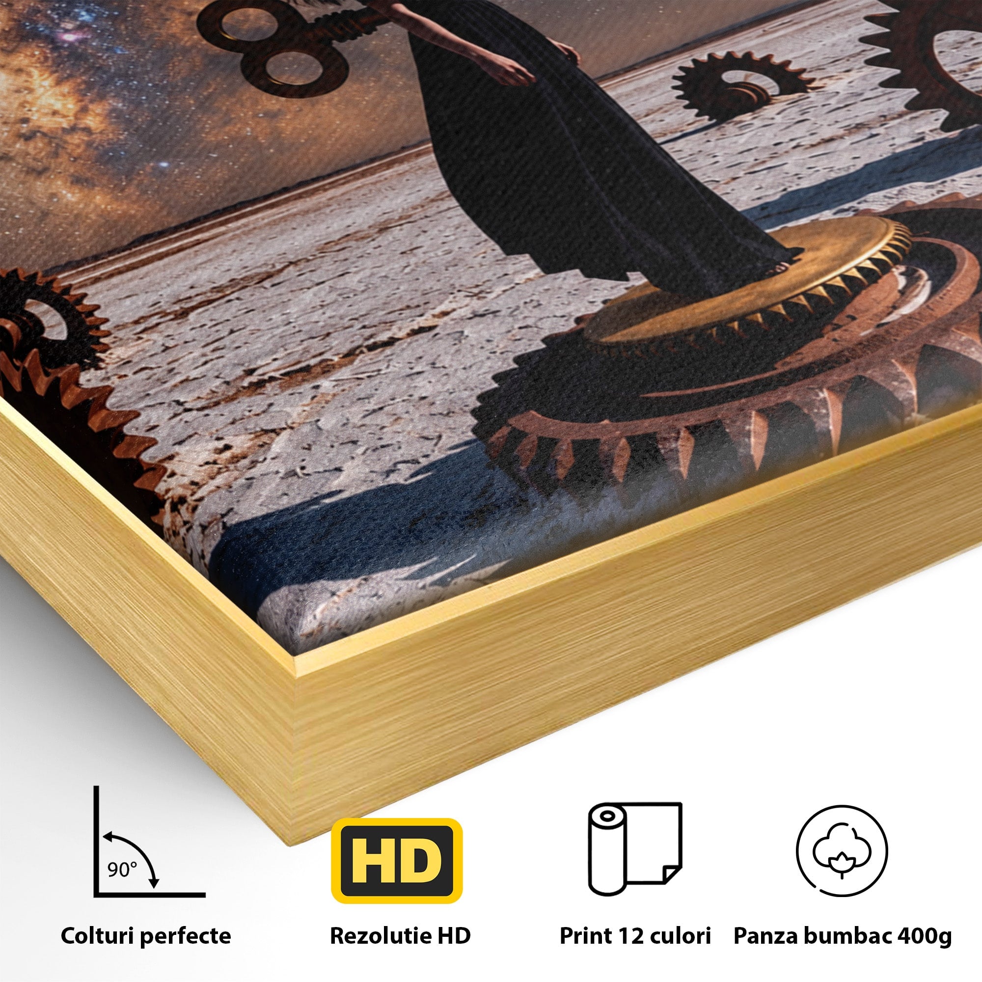 Tablou Canvas Premium LuxCanva® U1013, Femeie In Universul Mecanic, Stele, Mecanica, Desert, Fantezie, Femeie, Dormitor, Culori Vibrante