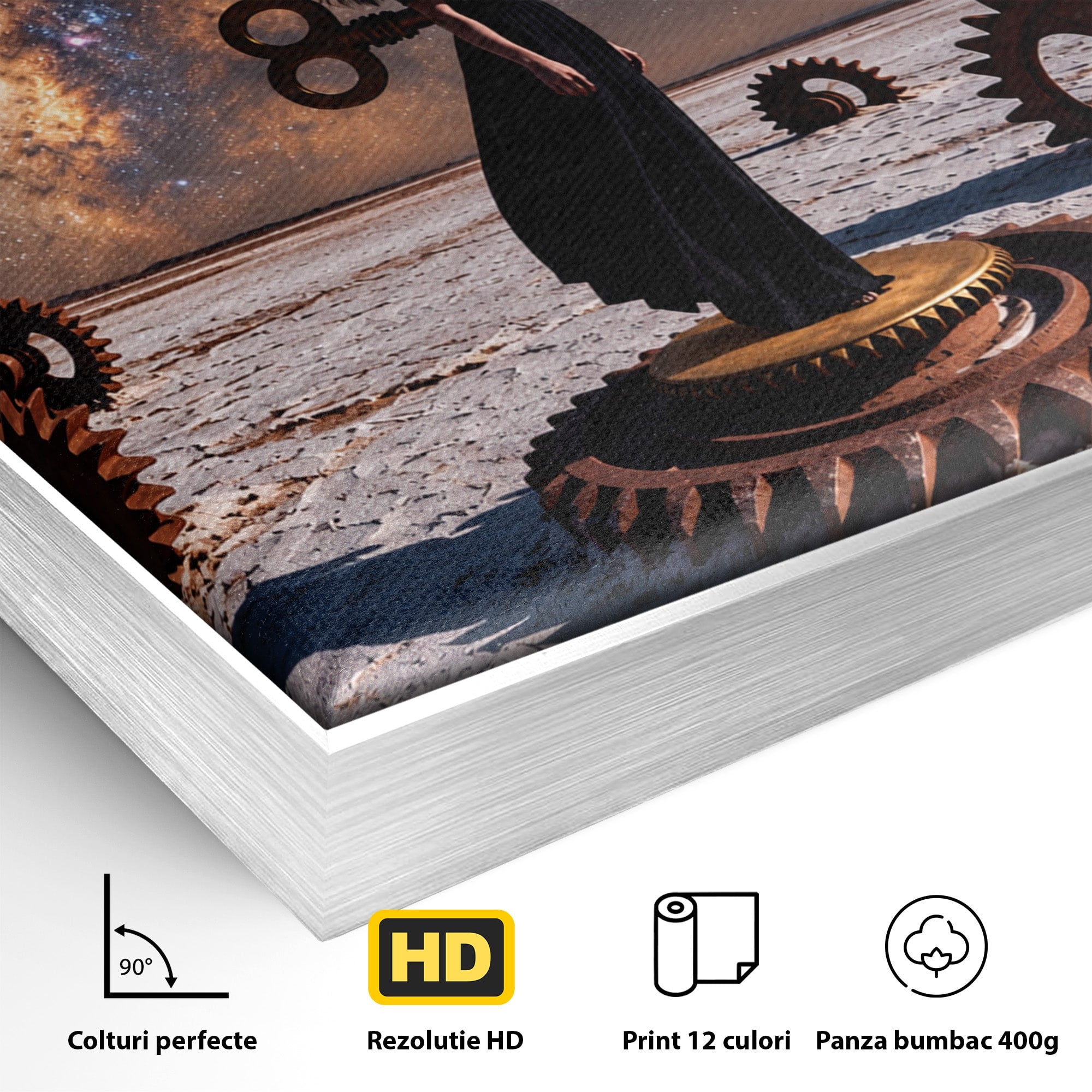 Tablou Canvas Premium LuxCanva® U1013, Femeie In Universul Mecanic, Stele, Mecanica, Desert, Fantezie, Femeie, Dormitor, Culori Vibrante