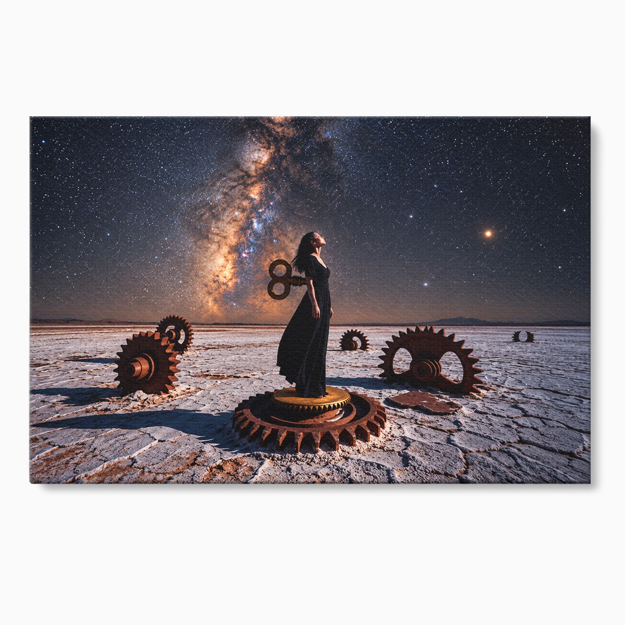 Tablou Canvas Premium LuxCanva® U1013, Femeie In Universul Mecanic, Stele, Mecanica, Desert, Fantezie, Femeie, Dormitor, Culori Vibrante