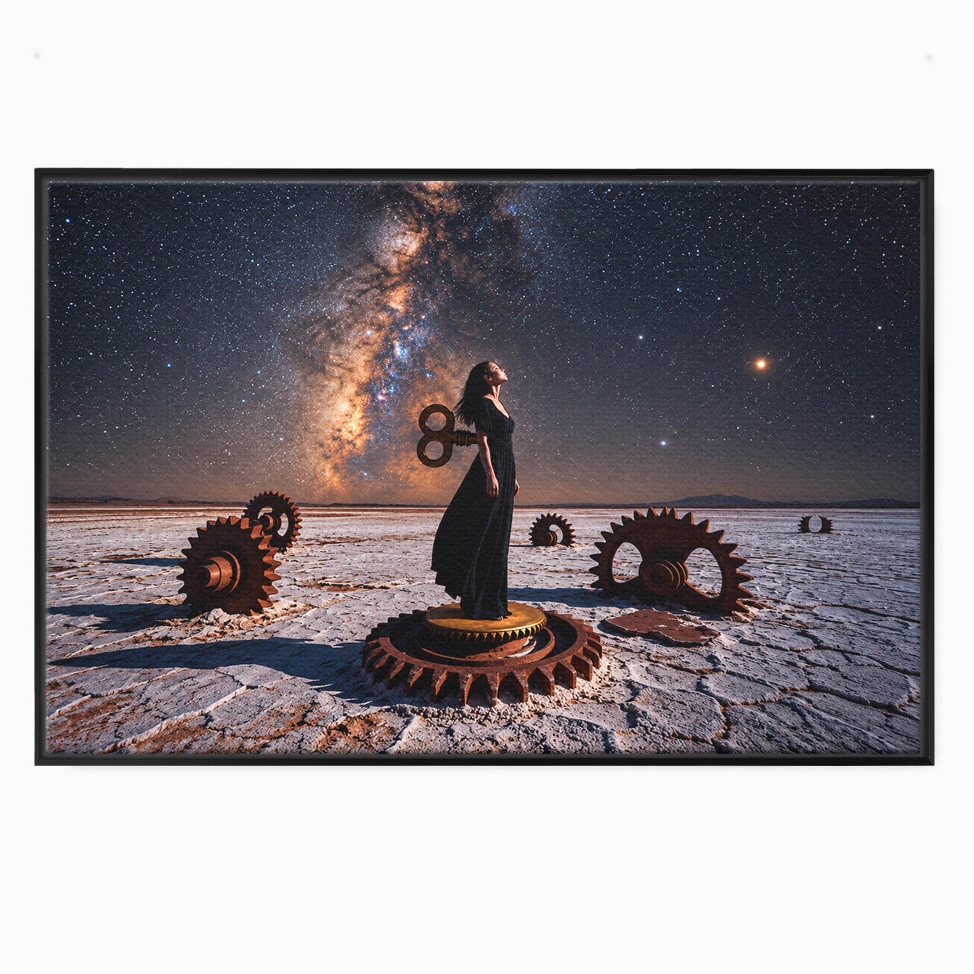 Tablou Canvas Premium LuxCanva® U1013, Femeie In Universul Mecanic, Stele, Mecanica, Desert, Fantezie, Femeie, Dormitor, Culori Vibrante