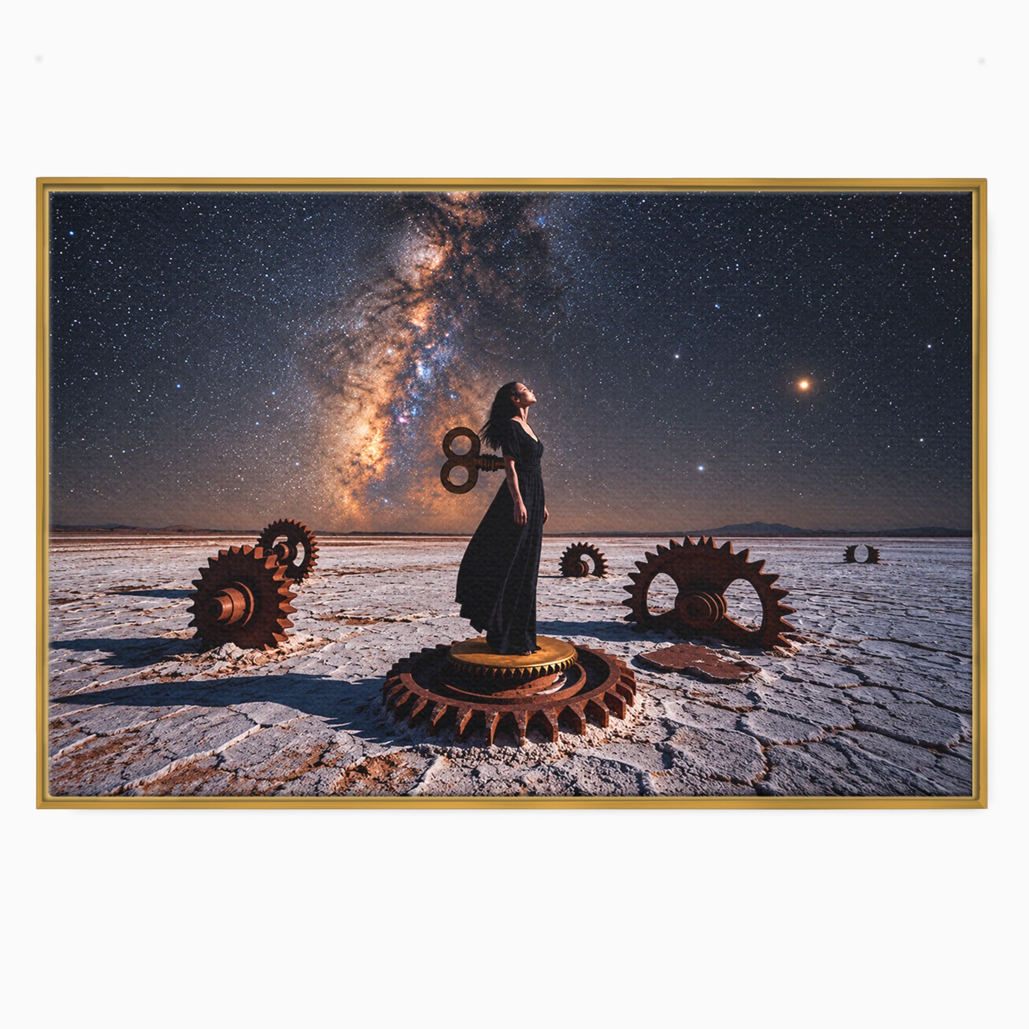 Tablou Canvas Premium LuxCanva® U1013, Femeie In Universul Mecanic, Stele, Mecanica, Desert, Fantezie, Femeie, Dormitor, Culori Vibrante