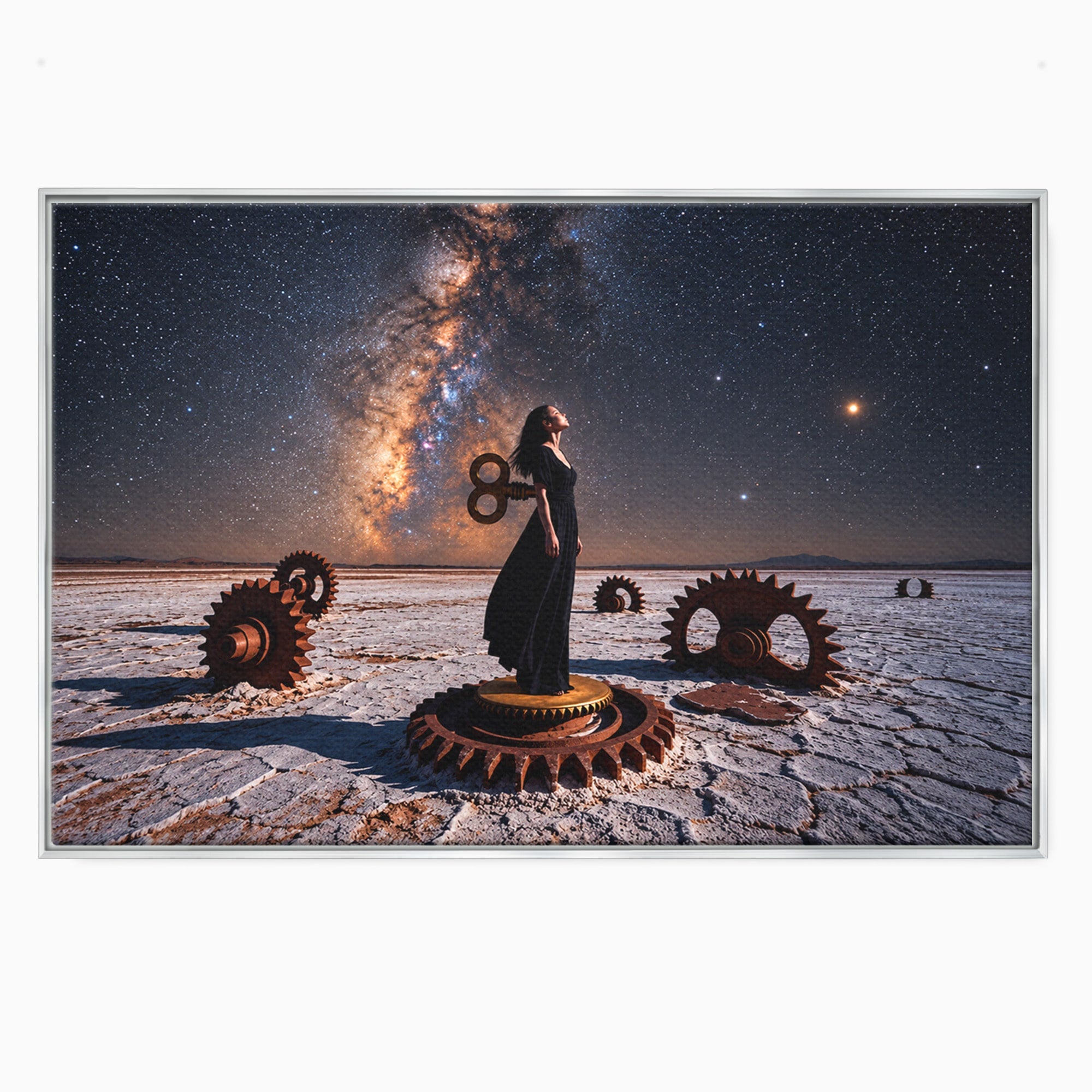 Tablou Canvas Premium LuxCanva® U1013, Femeie In Universul Mecanic, Stele, Mecanica, Desert, Fantezie, Femeie, Dormitor, Culori Vibrante