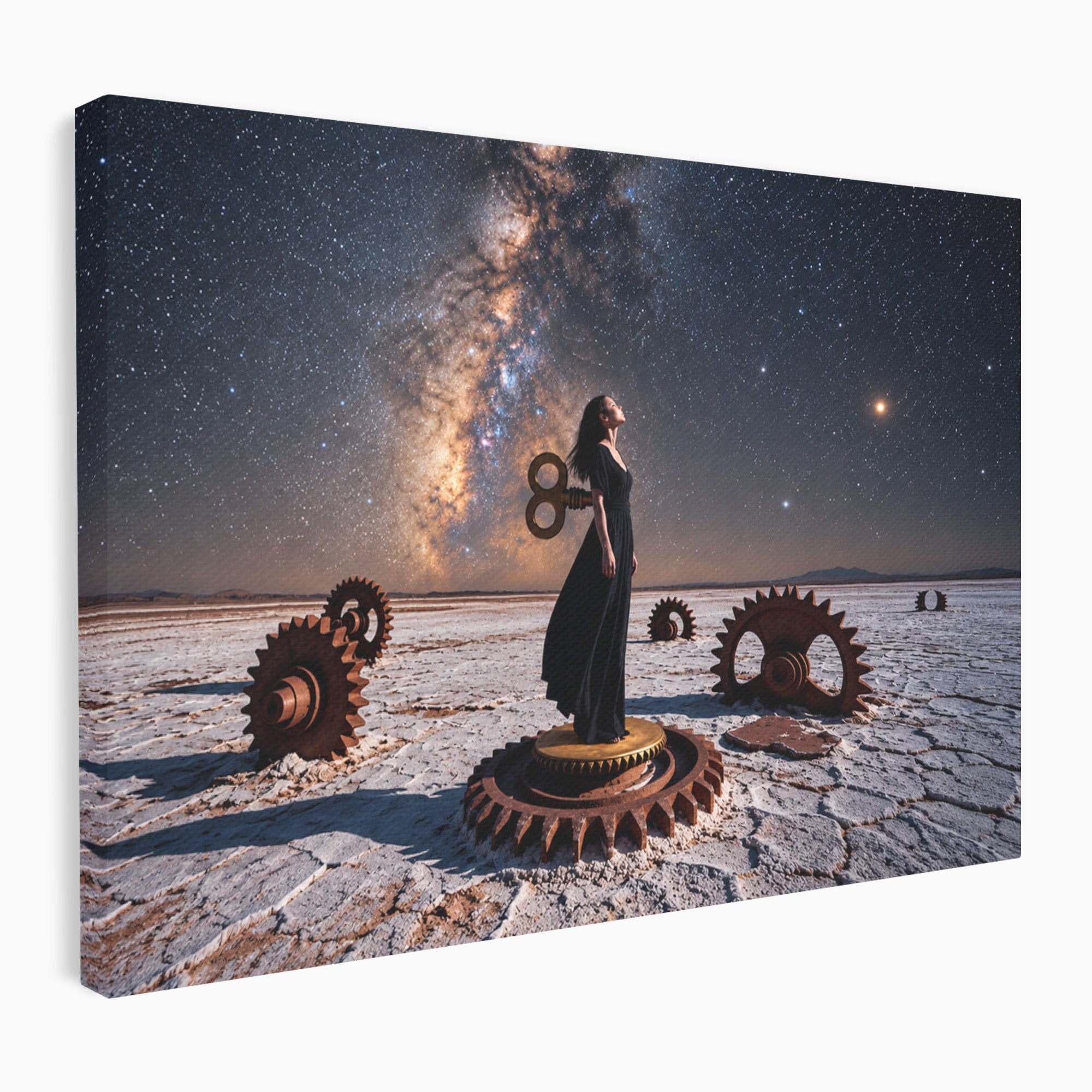 Tablou Canvas Premium LuxCanva® U1013, Femeie In Universul Mecanic, Stele, Mecanica, Desert, Fantezie, Femeie, Dormitor, Culori Vibrante