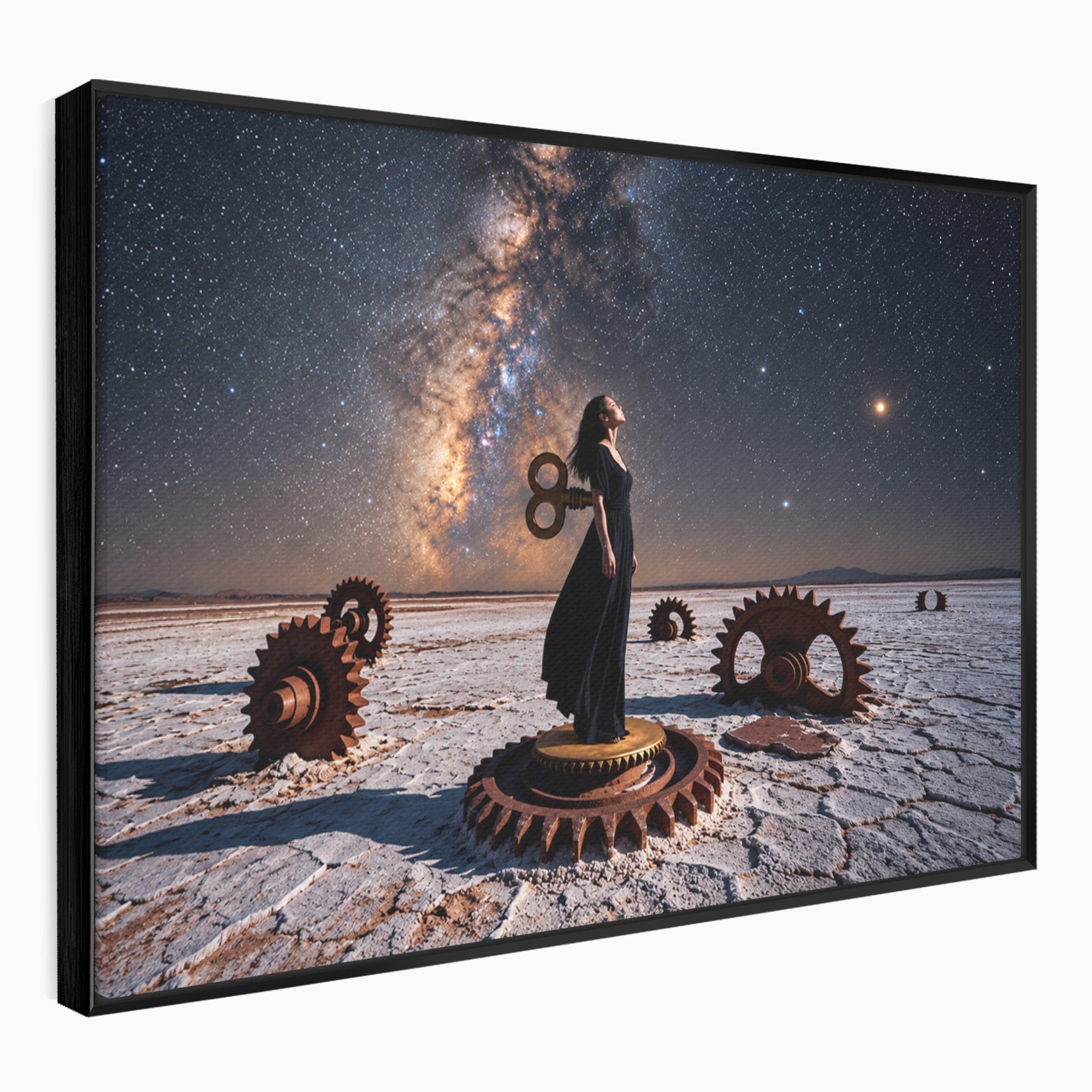 Tablou Canvas Premium LuxCanva® U1013, Femeie In Universul Mecanic, Stele, Mecanica, Desert, Fantezie, Femeie, Dormitor, Culori Vibrante