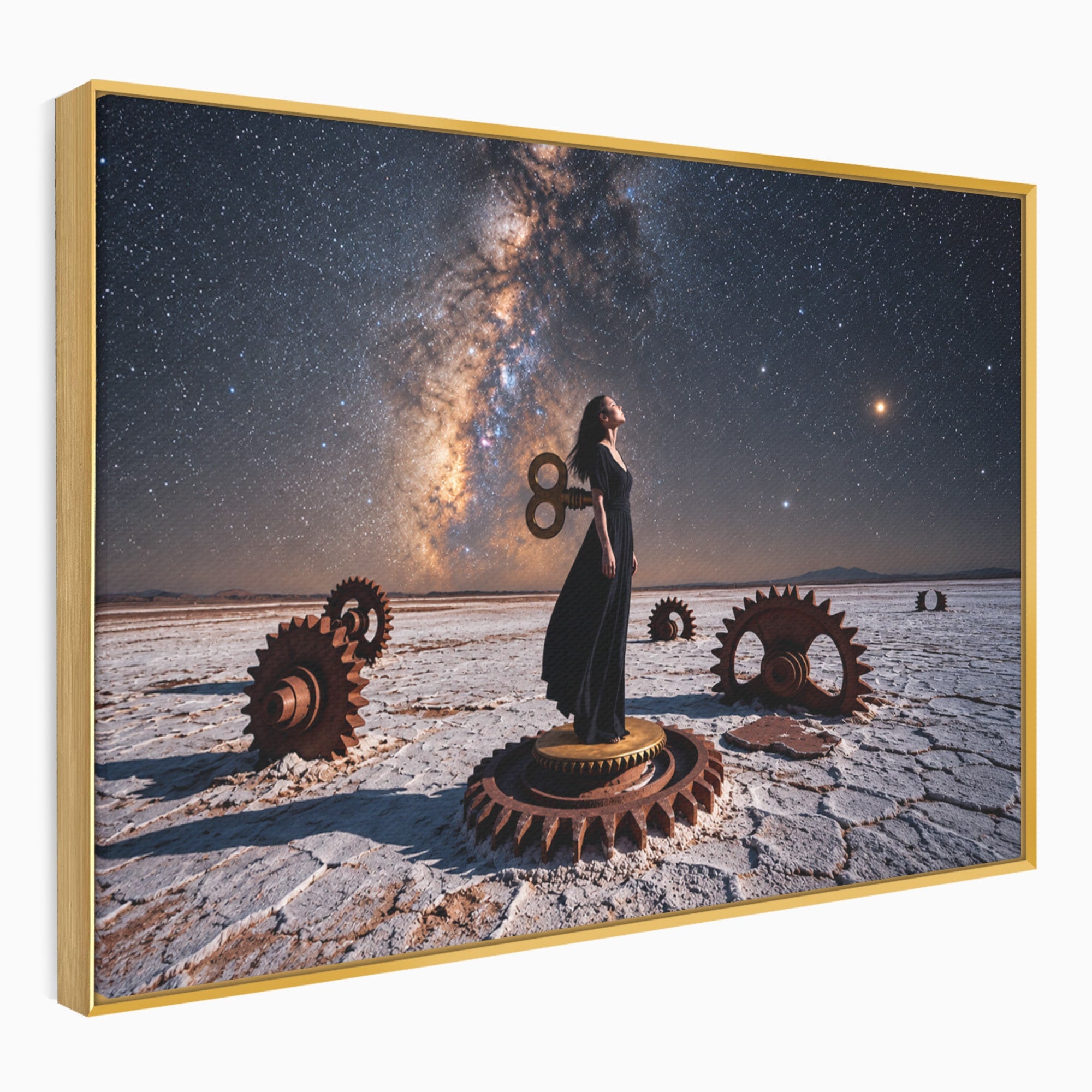 Tablou Canvas Premium LuxCanva® U1013, Femeie In Universul Mecanic, Stele, Mecanica, Desert, Fantezie, Femeie, Dormitor, Culori Vibrante