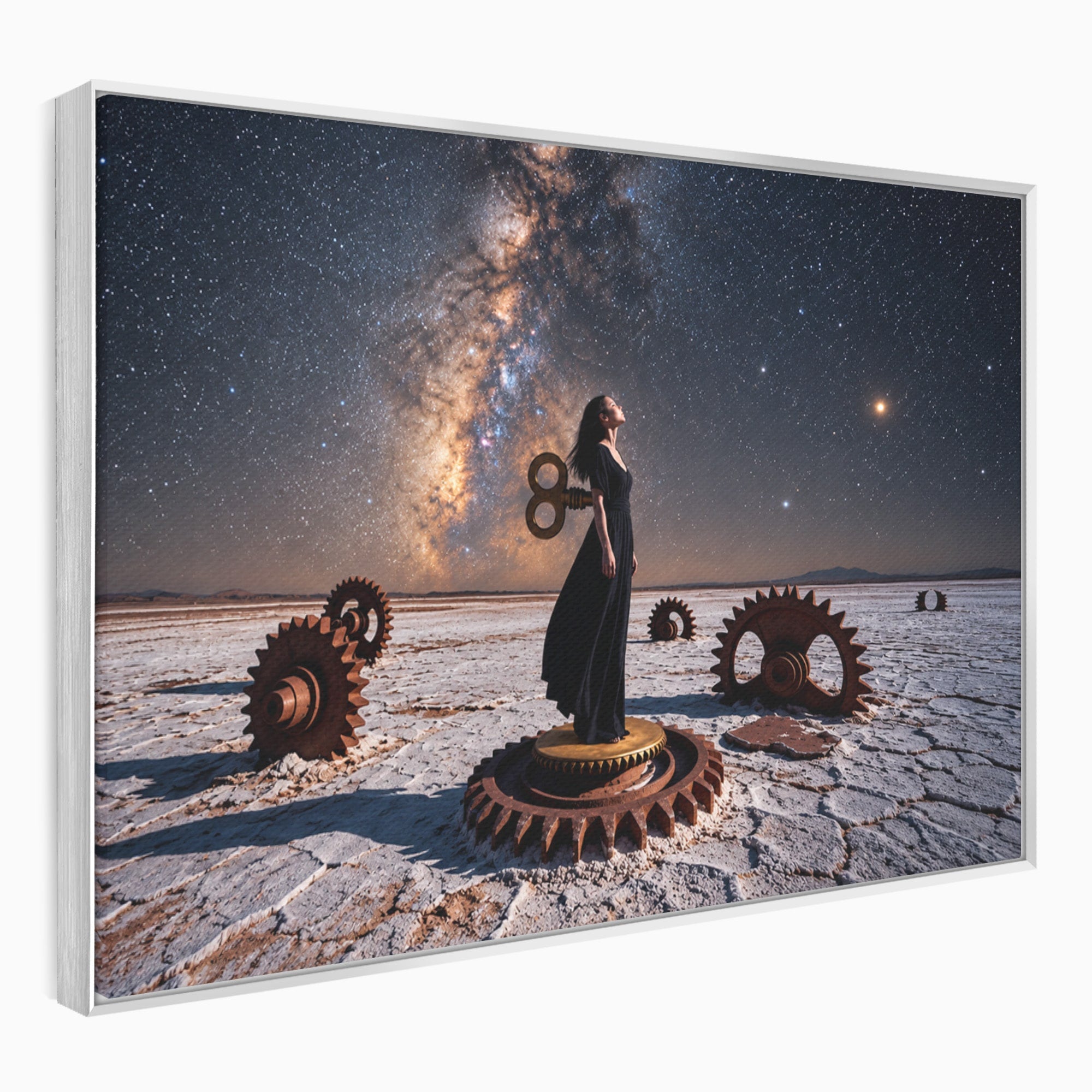 Tablou Canvas Premium LuxCanva® U1013, Femeie In Universul Mecanic, Stele, Mecanica, Desert, Fantezie, Femeie, Dormitor, Culori Vibrante