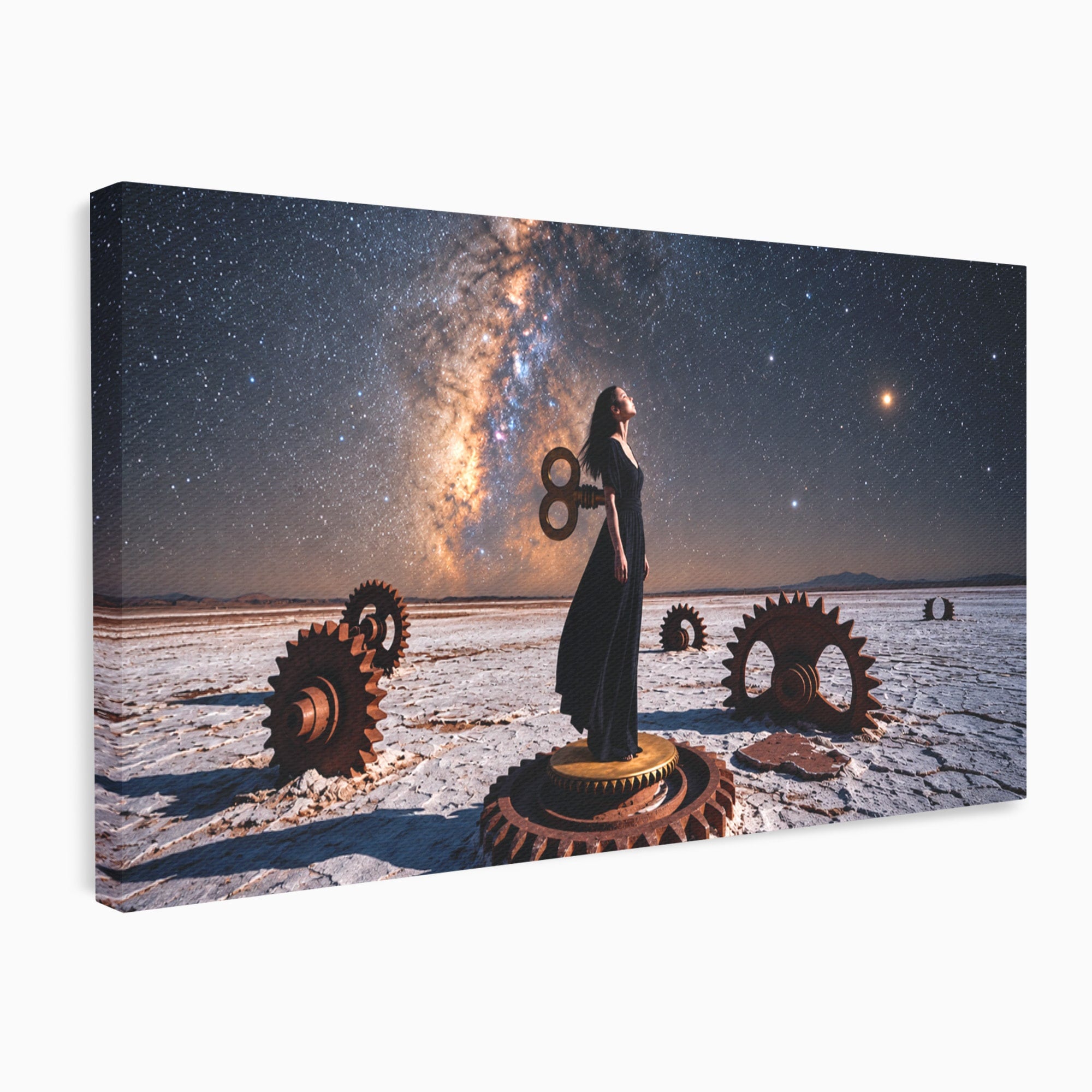 Tablou Canvas Premium LuxCanva® U1013, Femeie In Universul Mecanic, Stele, Mecanica, Desert, Fantezie, Femeie, Dormitor, Culori Vibrante