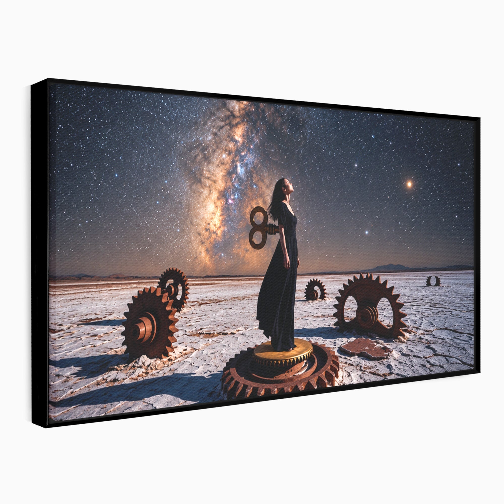 Tablou Canvas Premium LuxCanva® U1013, Femeie In Universul Mecanic, Stele, Mecanica, Desert, Fantezie, Femeie, Dormitor, Culori Vibrante