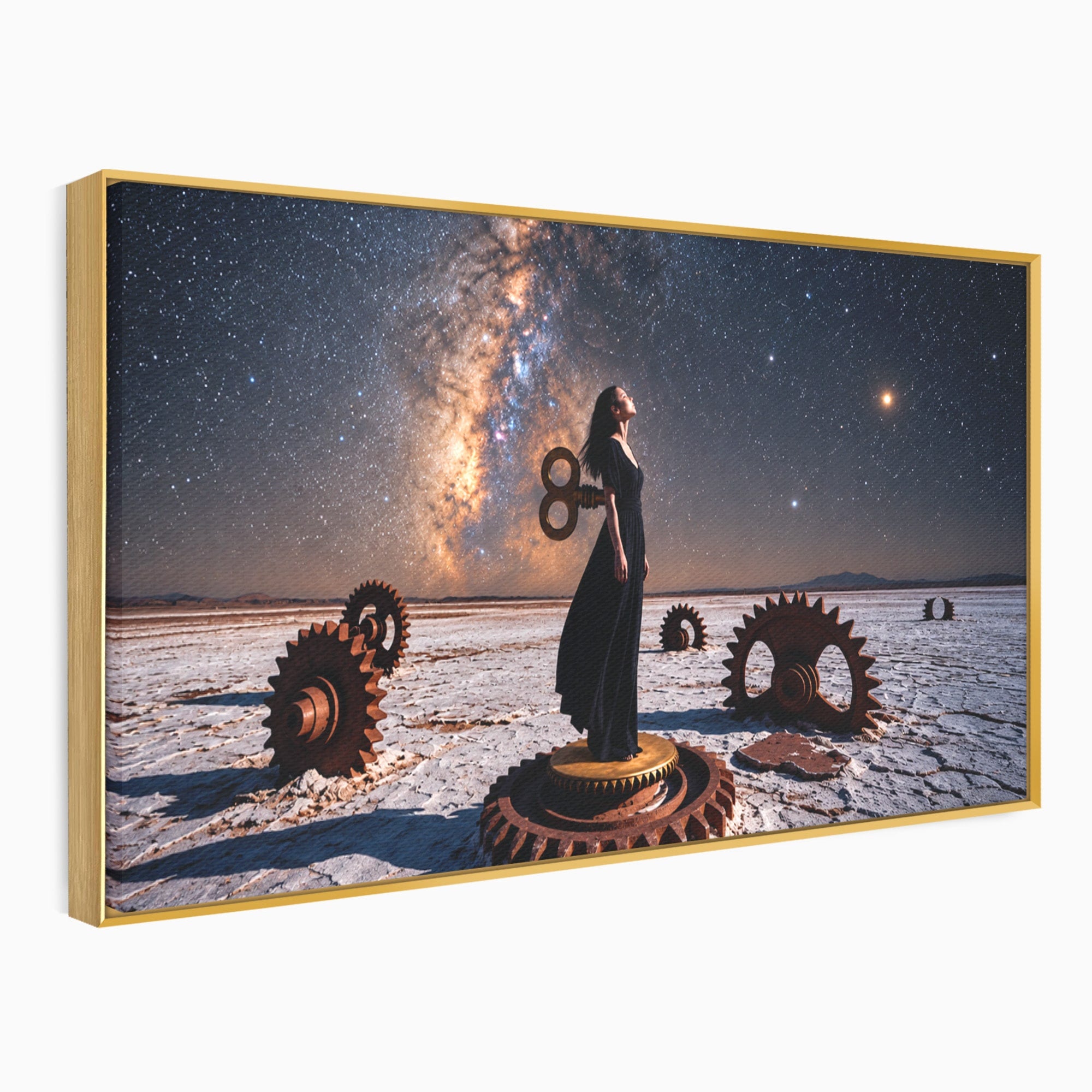 Tablou Canvas Premium LuxCanva® U1013, Femeie In Universul Mecanic, Stele, Mecanica, Desert, Fantezie, Femeie, Dormitor, Culori Vibrante