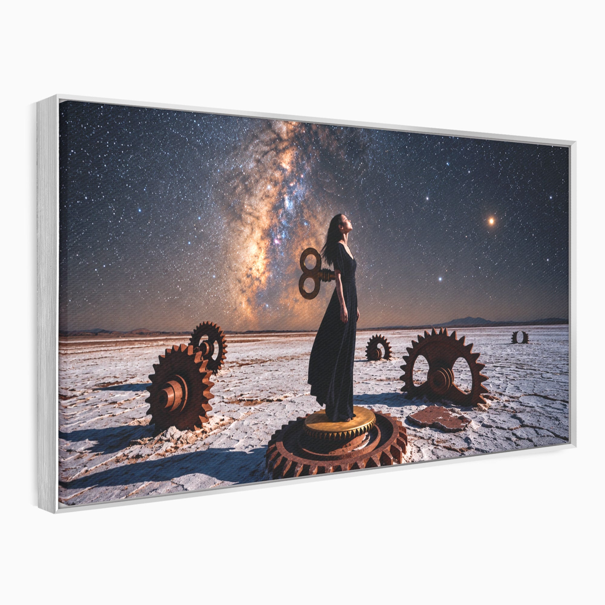 Tablou Canvas Premium LuxCanva® U1013, Femeie In Universul Mecanic, Stele, Mecanica, Desert, Fantezie, Femeie, Dormitor, Culori Vibrante