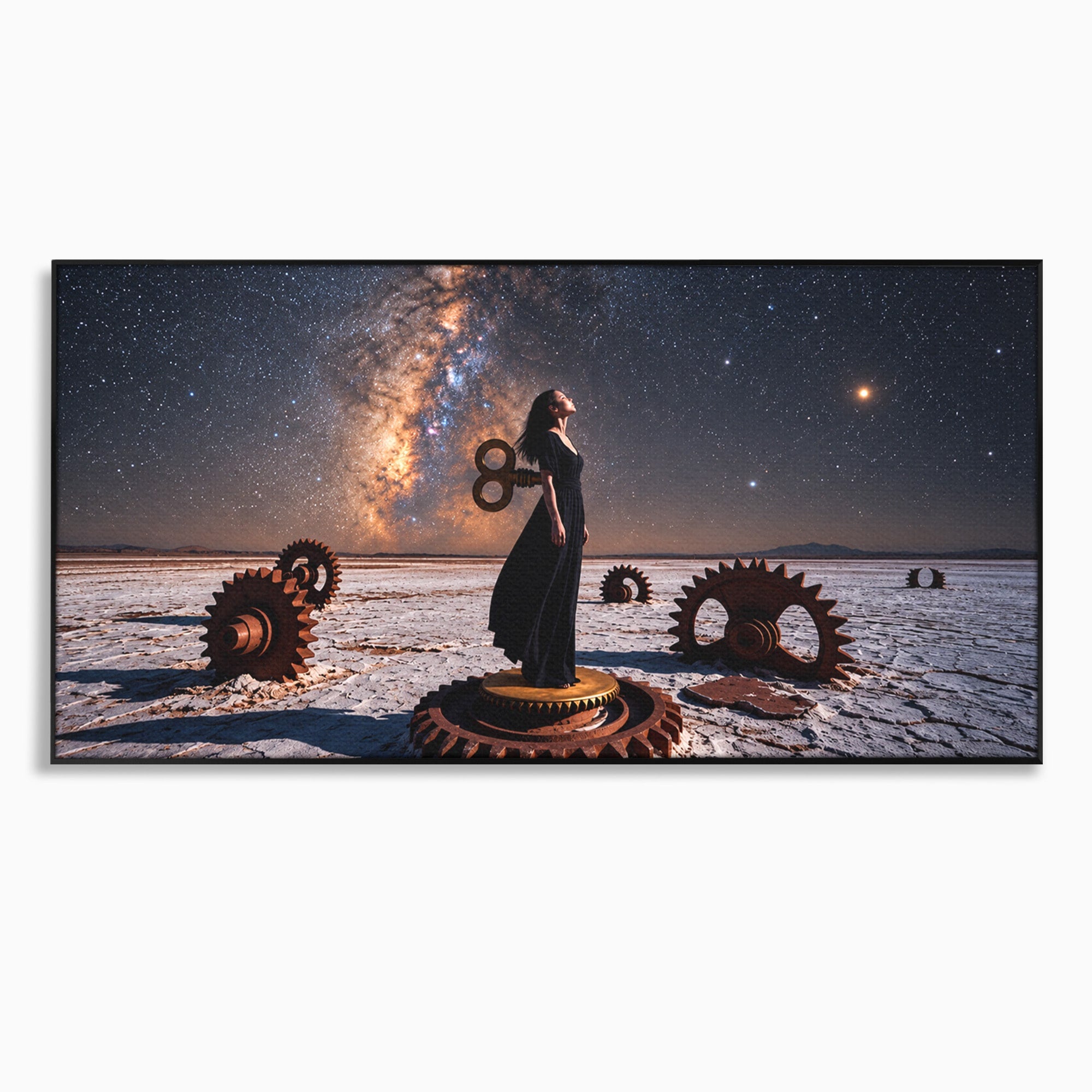 Tablou Canvas Premium LuxCanva® U1013, Femeie In Universul Mecanic, Stele, Mecanica, Desert, Fantezie, Femeie, Dormitor, Culori Vibrante