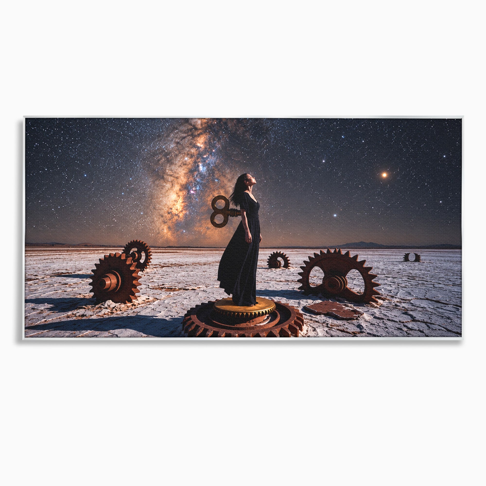 Tablou Canvas Premium LuxCanva® U1013, Femeie In Universul Mecanic, Stele, Mecanica, Desert, Fantezie, Femeie, Dormitor, Culori Vibrante