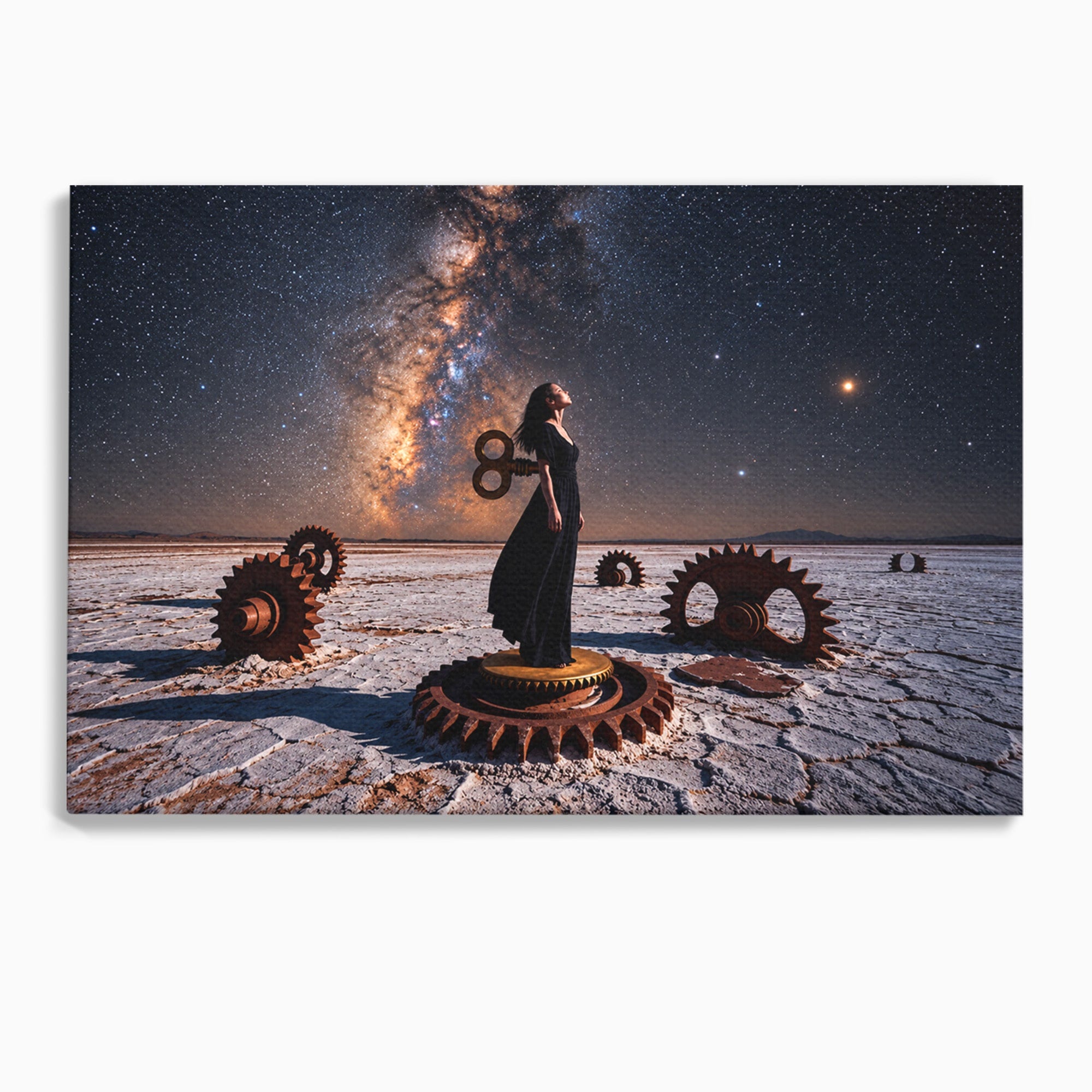 Tablou Canvas Premium LuxCanva® U1013, Femeie In Universul Mecanic, Stele, Mecanica, Desert, Fantezie, Femeie, Dormitor, Culori Vibrante