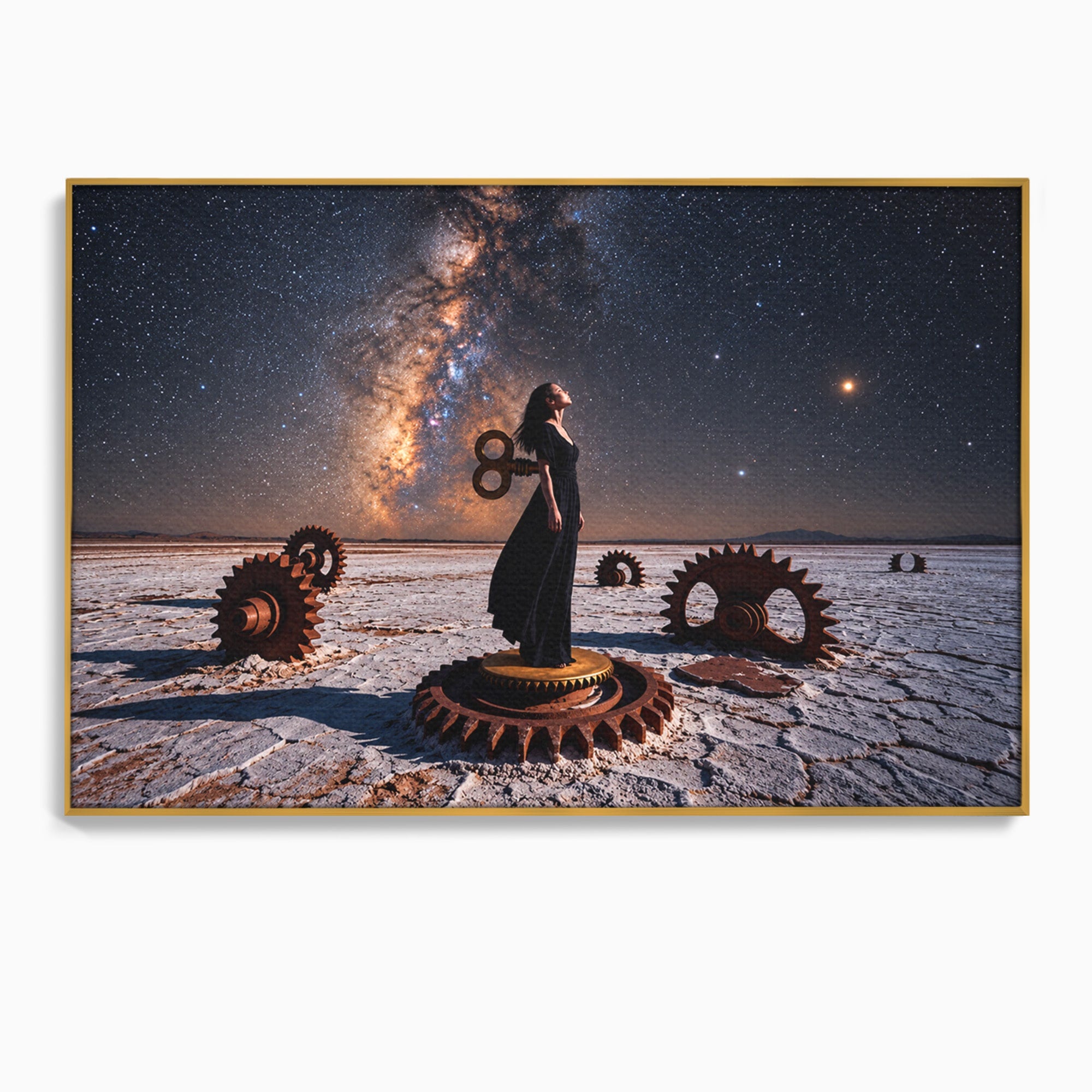 Tablou Canvas Premium LuxCanva® U1013, Femeie In Universul Mecanic, Stele, Mecanica, Desert, Fantezie, Femeie, Dormitor, Culori Vibrante