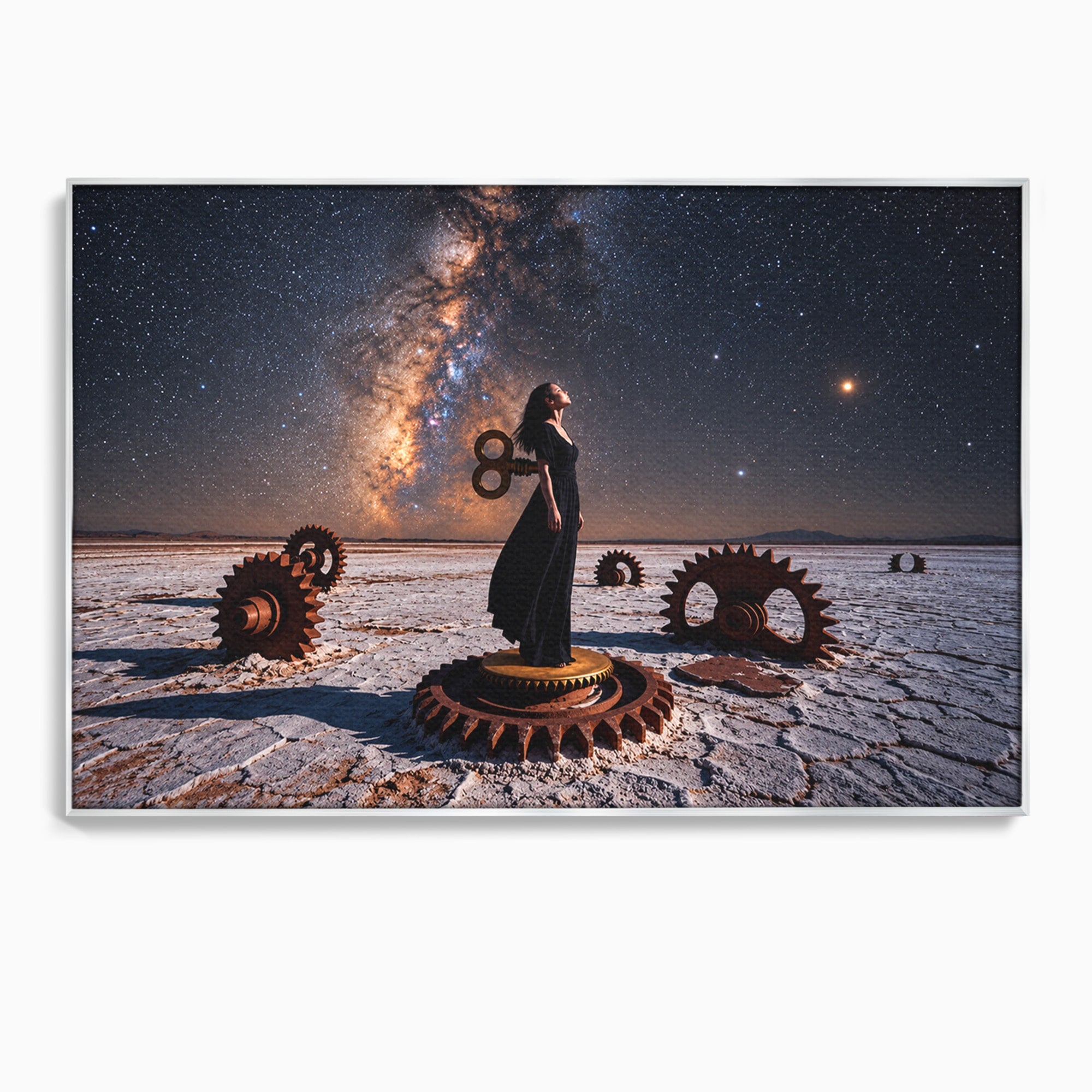 Tablou Canvas Premium LuxCanva® U1013, Femeie In Universul Mecanic, Stele, Mecanica, Desert, Fantezie, Femeie, Dormitor, Culori Vibrante