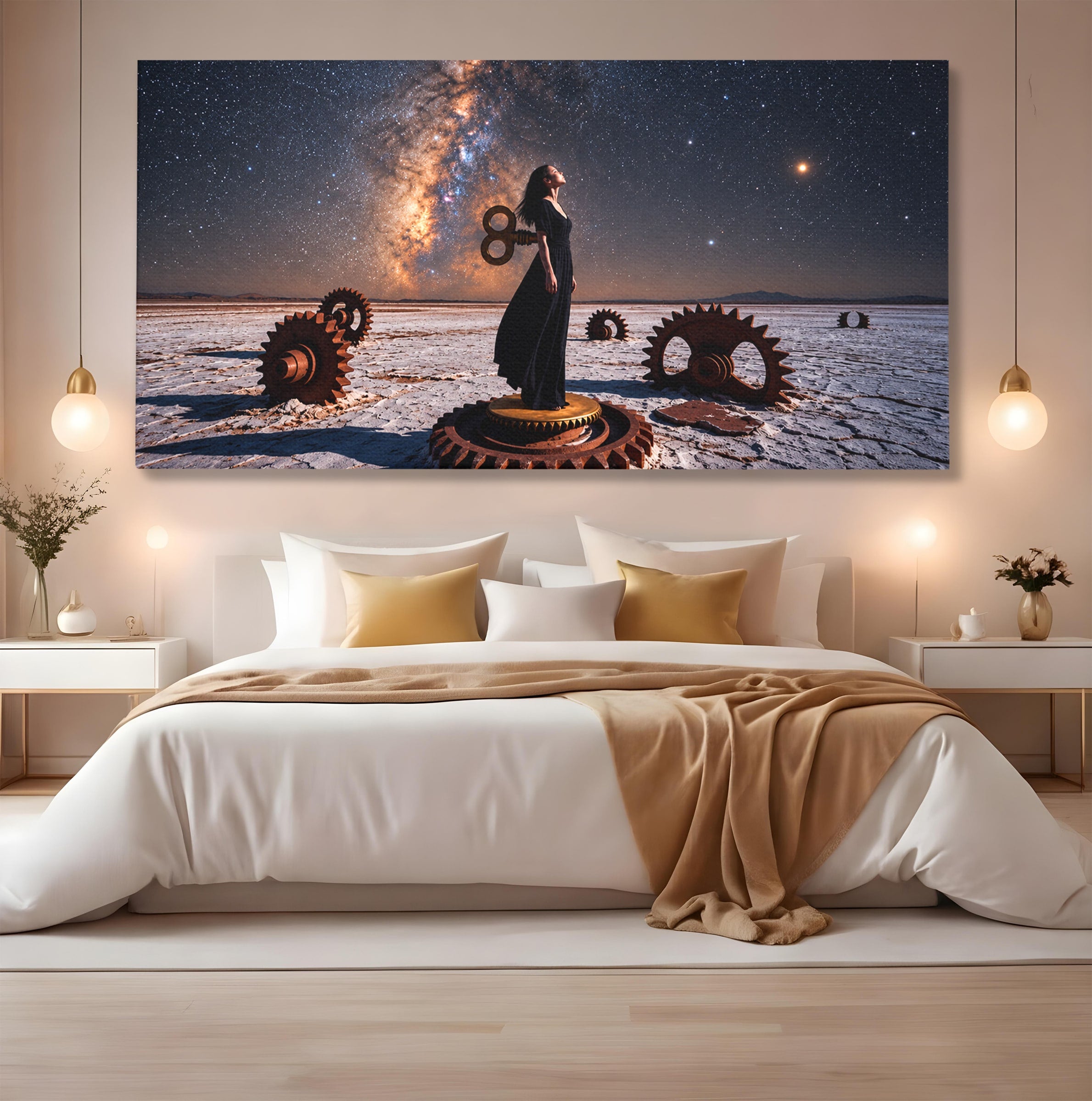 Tablou Canvas Premium LuxCanva® U1013, Femeie In Universul Mecanic, Stele, Mecanica, Desert, Fantezie, Femeie, Dormitor, Culori Vibrante