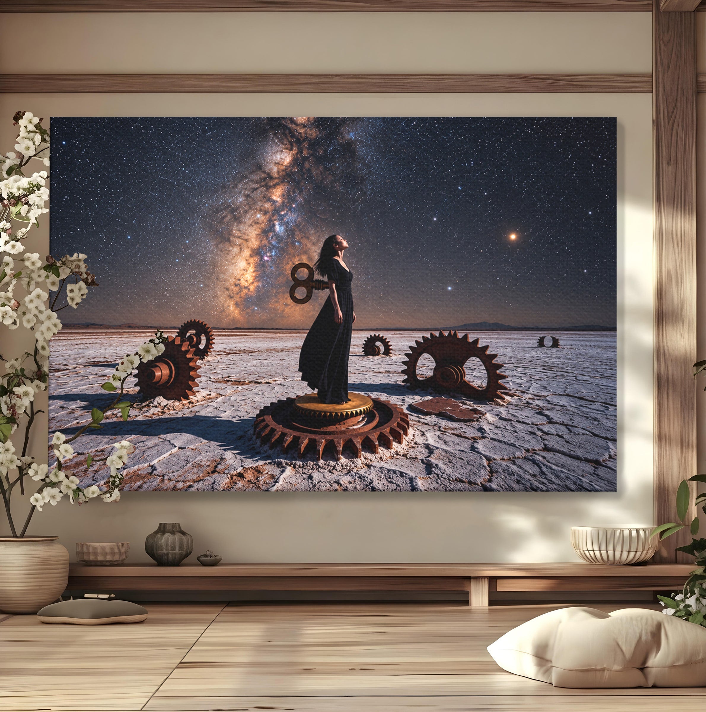Tablou Canvas Premium LuxCanva® U1013, Femeie In Universul Mecanic, Stele, Mecanica, Desert, Fantezie, Femeie, Dormitor, Culori Vibrante