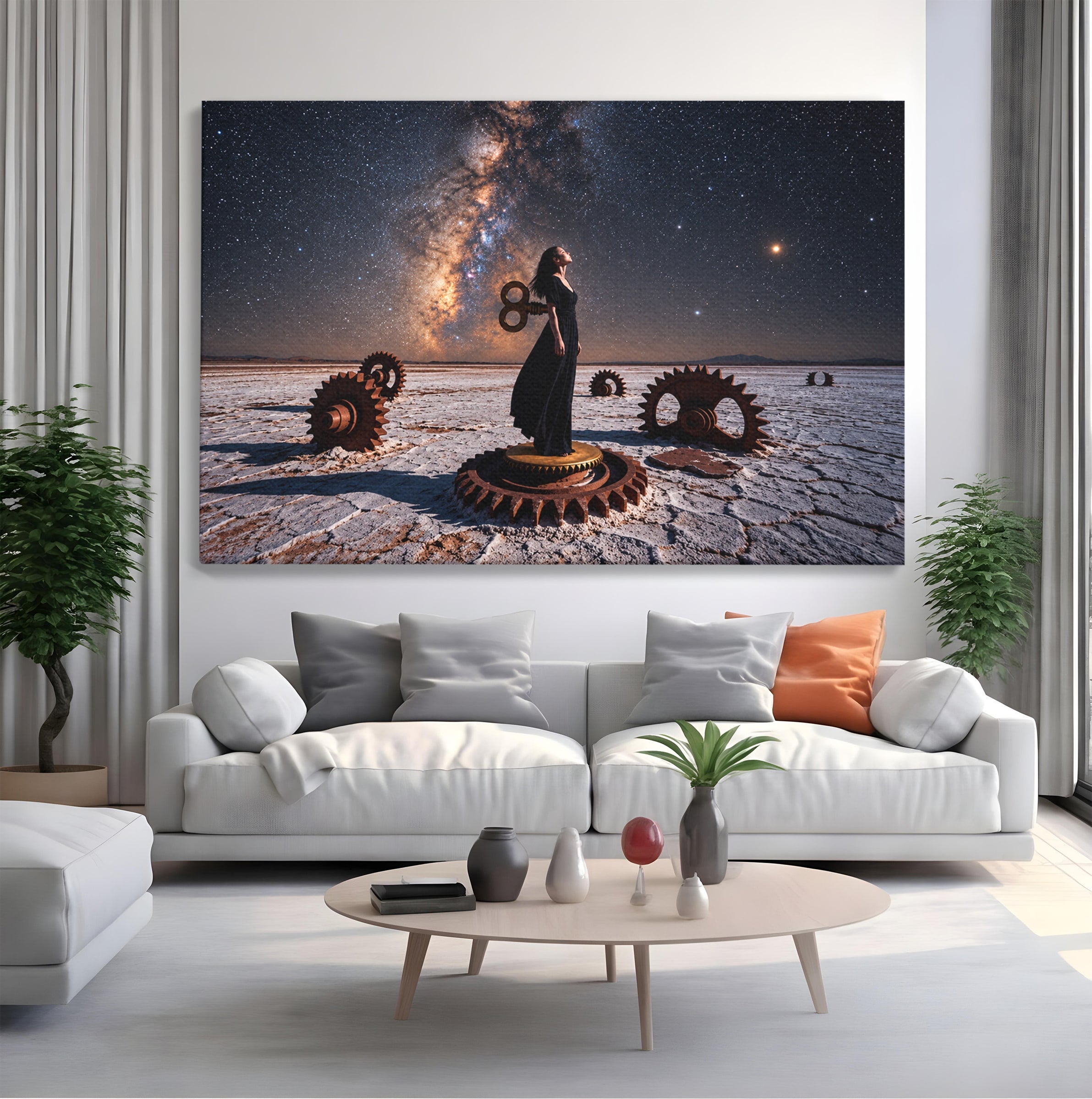 Tablou Canvas Premium LuxCanva® U1013, Femeie In Universul Mecanic, Stele, Mecanica, Desert, Fantezie, Femeie, Dormitor, Culori Vibrante