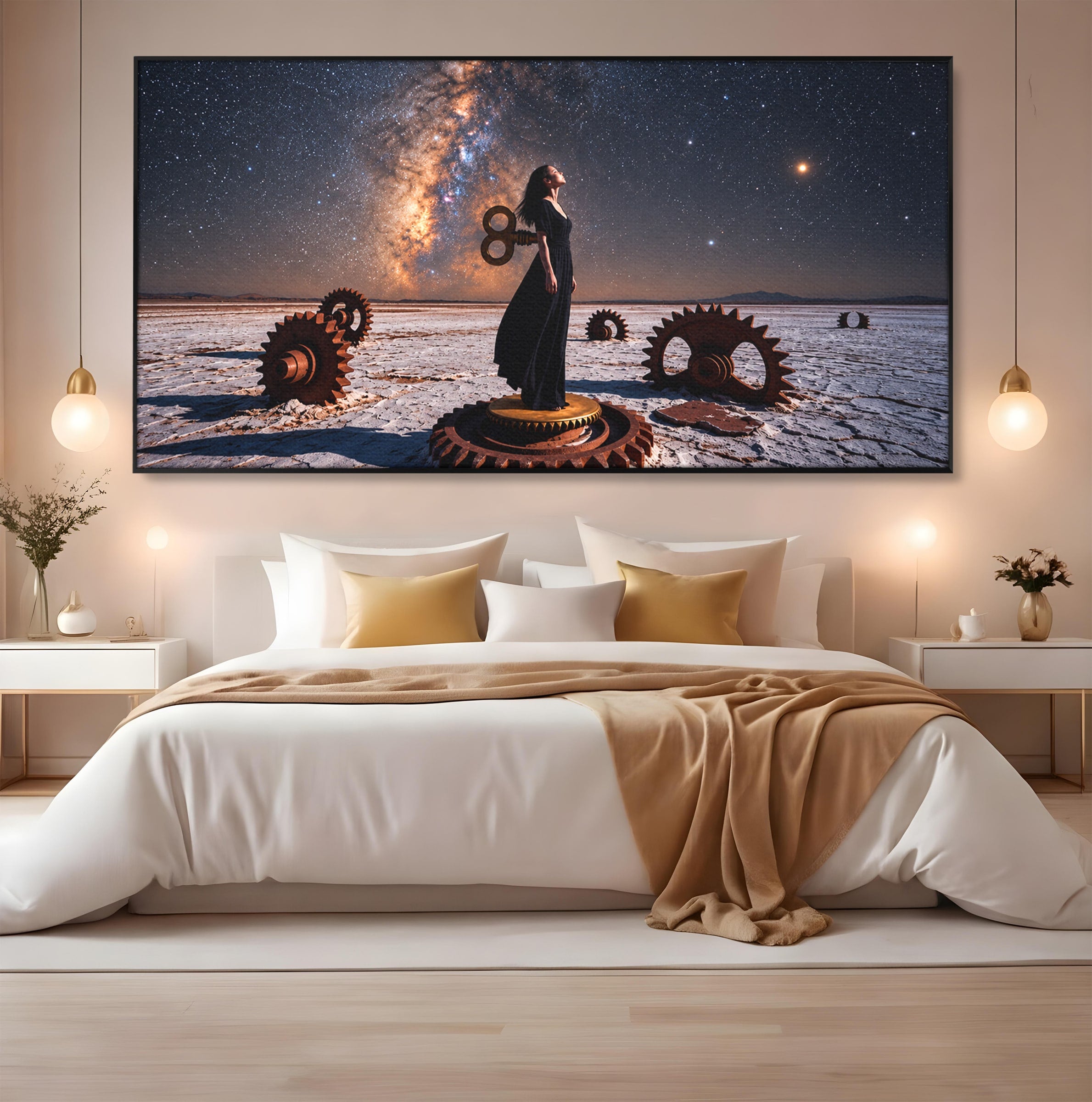 Tablou Canvas Premium LuxCanva® U1013, Femeie In Universul Mecanic, Stele, Mecanica, Desert, Fantezie, Femeie, Dormitor, Culori Vibrante