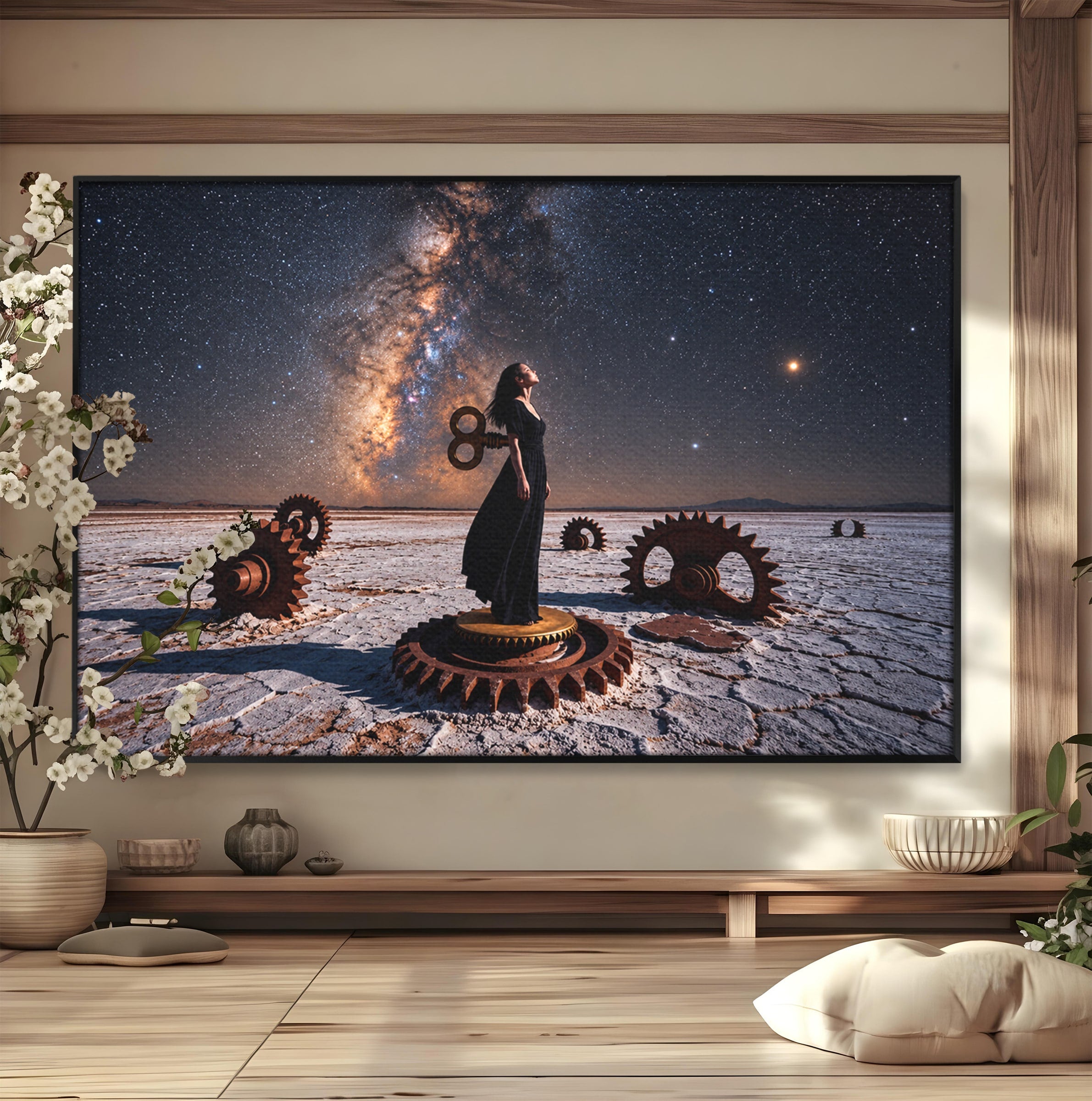 Tablou Canvas Premium LuxCanva® U1013, Femeie In Universul Mecanic, Stele, Mecanica, Desert, Fantezie, Femeie, Dormitor, Culori Vibrante