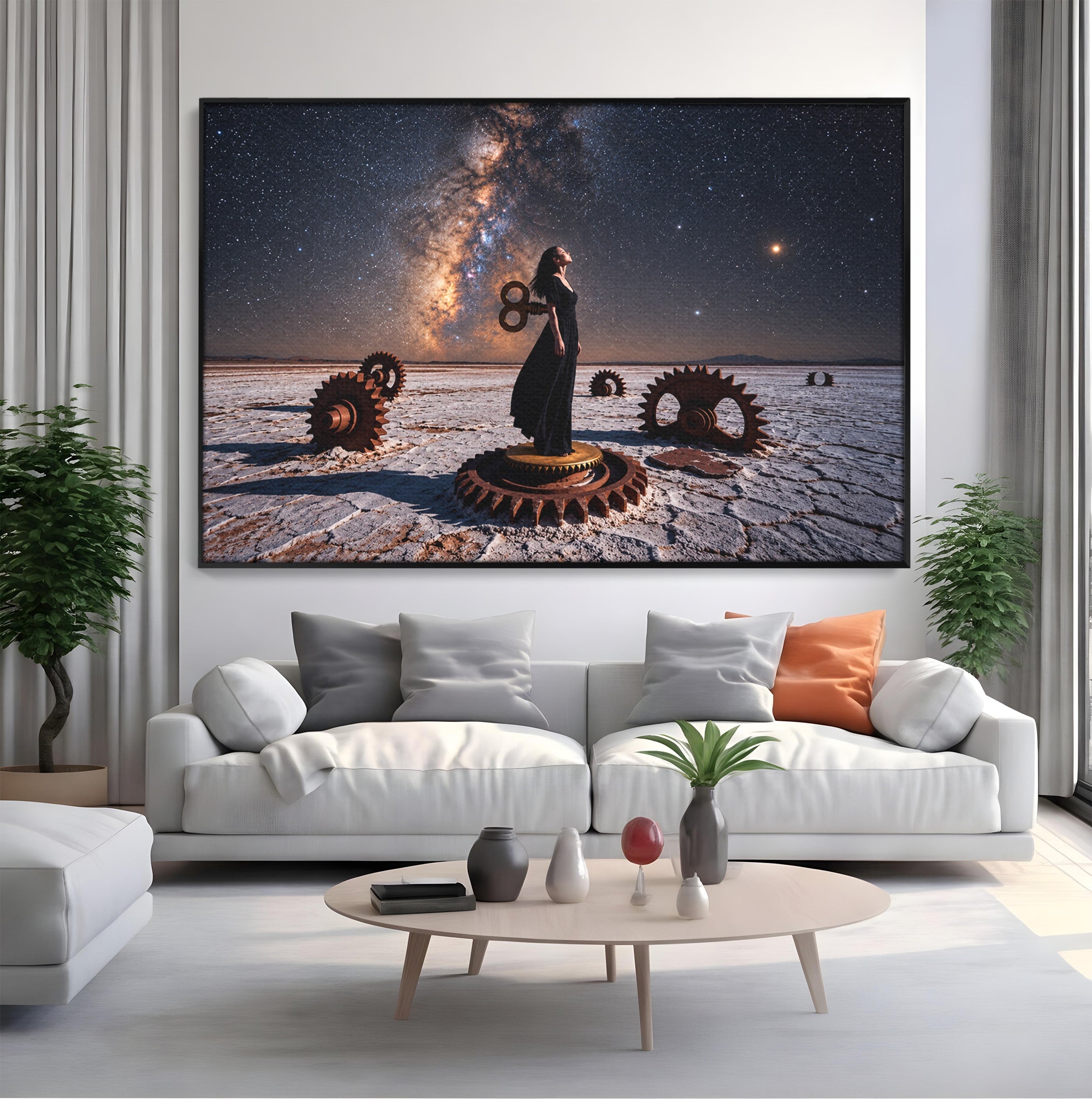 Tablou Canvas Premium LuxCanva® U1013, Femeie In Universul Mecanic, Stele, Mecanica, Desert, Fantezie, Femeie, Dormitor, Culori Vibrante