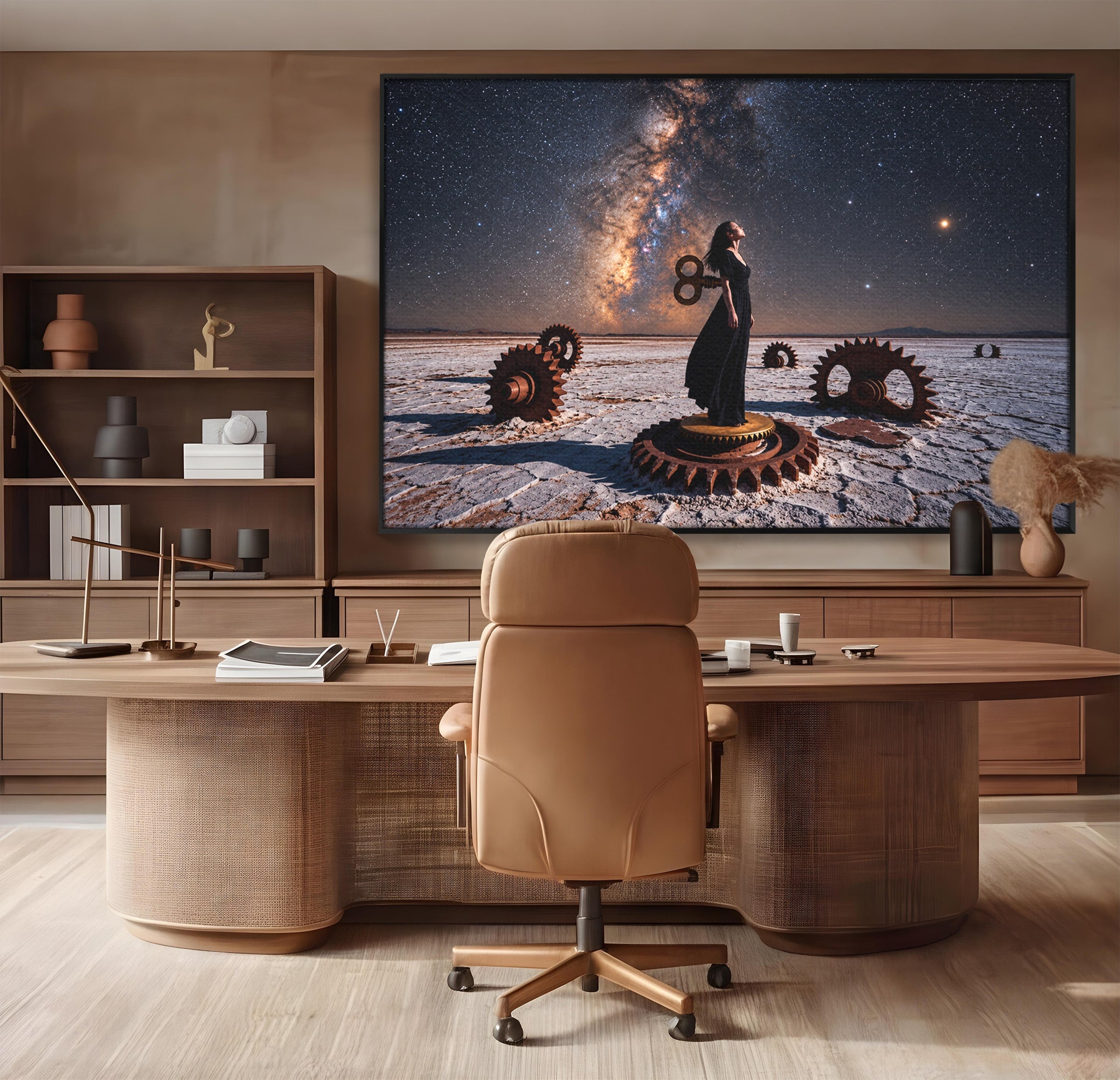 Tablou Canvas Premium LuxCanva® U1013, Femeie In Universul Mecanic, Stele, Mecanica, Desert, Fantezie, Femeie, Dormitor, Culori Vibrante