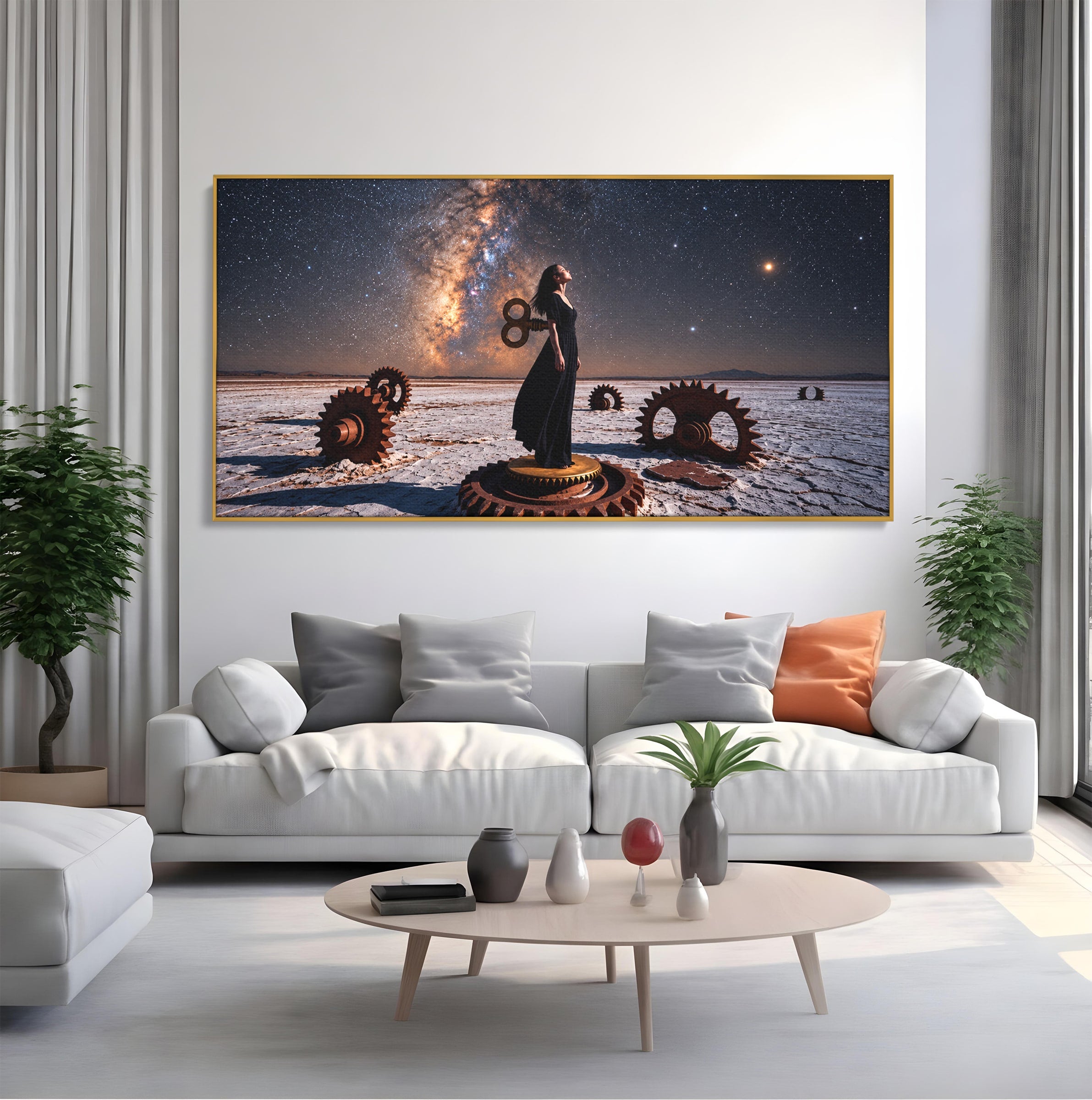 Tablou Canvas Premium LuxCanva® U1013, Femeie In Universul Mecanic, Stele, Mecanica, Desert, Fantezie, Femeie, Dormitor, Culori Vibrante