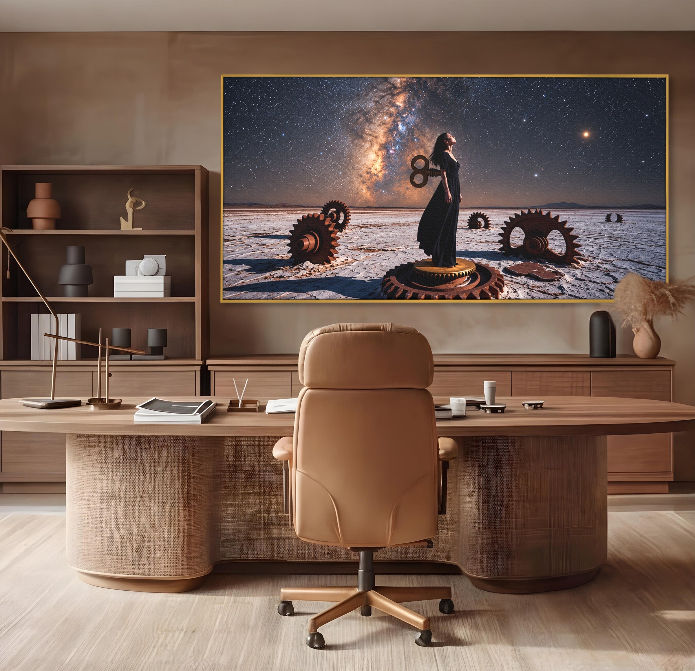 Tablou Canvas Premium LuxCanva® U1013, Femeie In Universul Mecanic, Stele, Mecanica, Desert, Fantezie, Femeie, Dormitor, Culori Vibrante