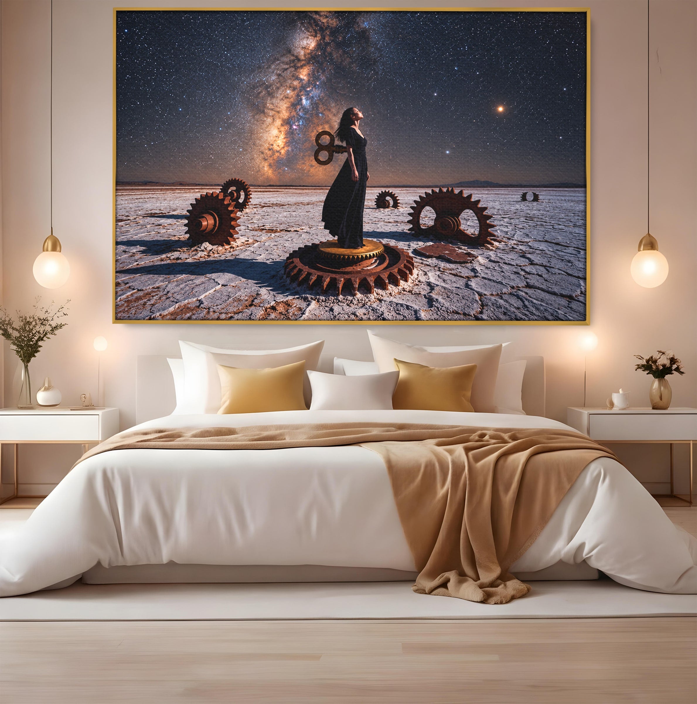 Tablou Canvas Premium LuxCanva® U1013, Femeie In Universul Mecanic, Stele, Mecanica, Desert, Fantezie, Femeie, Dormitor, Culori Vibrante