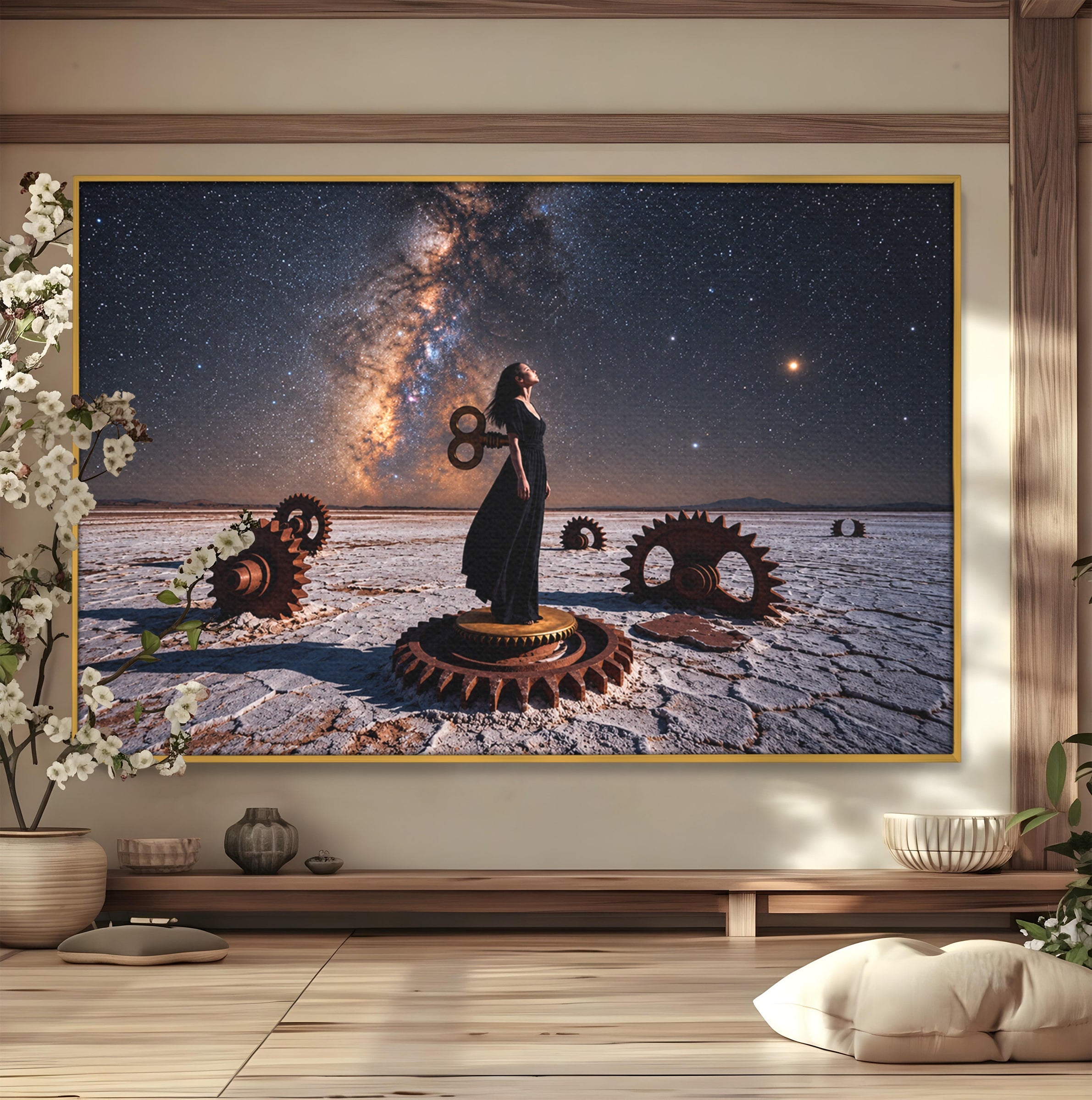 Tablou Canvas Premium LuxCanva® U1013, Femeie In Universul Mecanic, Stele, Mecanica, Desert, Fantezie, Femeie, Dormitor, Culori Vibrante
