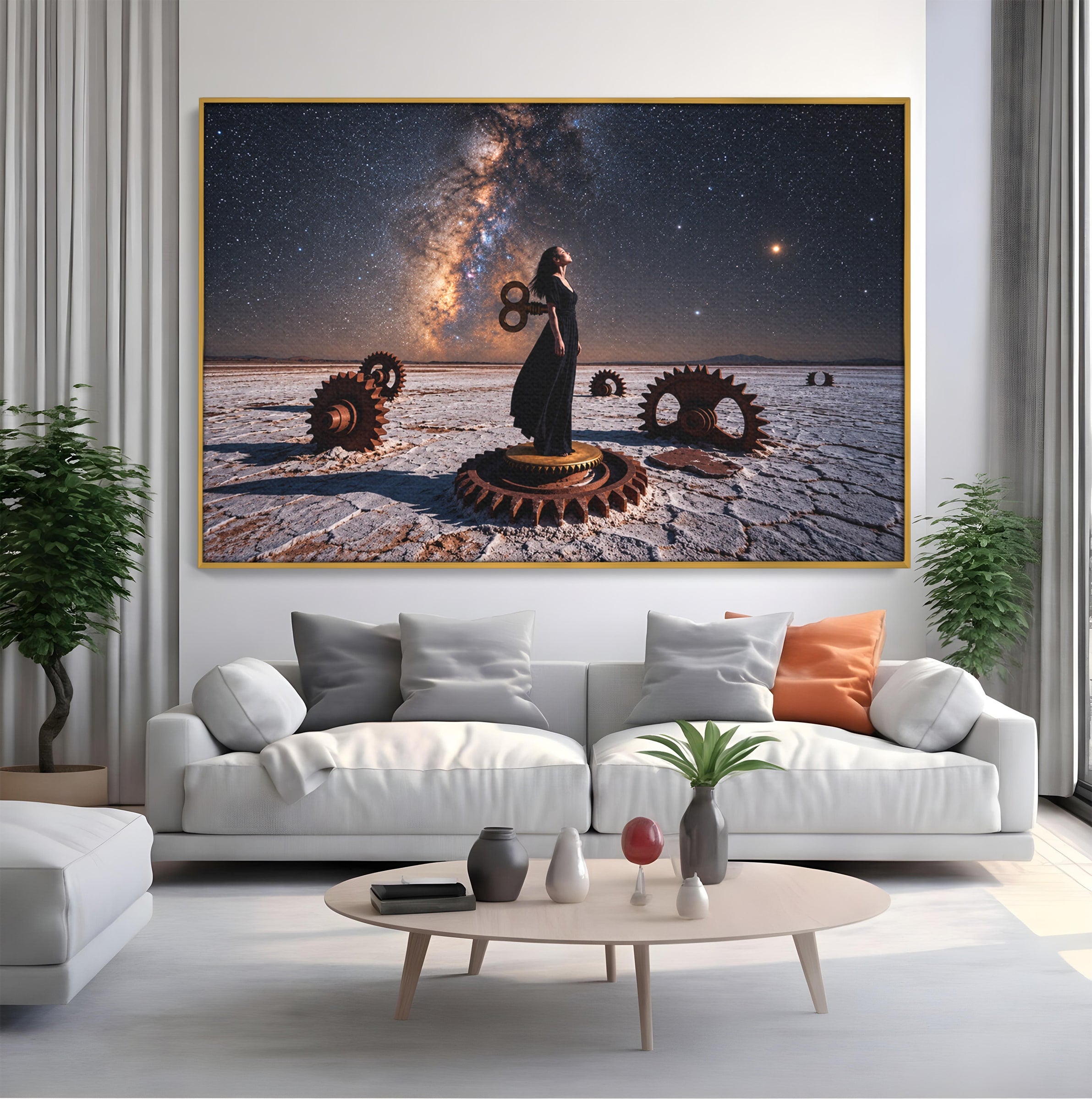 Tablou Canvas Premium LuxCanva® U1013, Femeie In Universul Mecanic, Stele, Mecanica, Desert, Fantezie, Femeie, Dormitor, Culori Vibrante