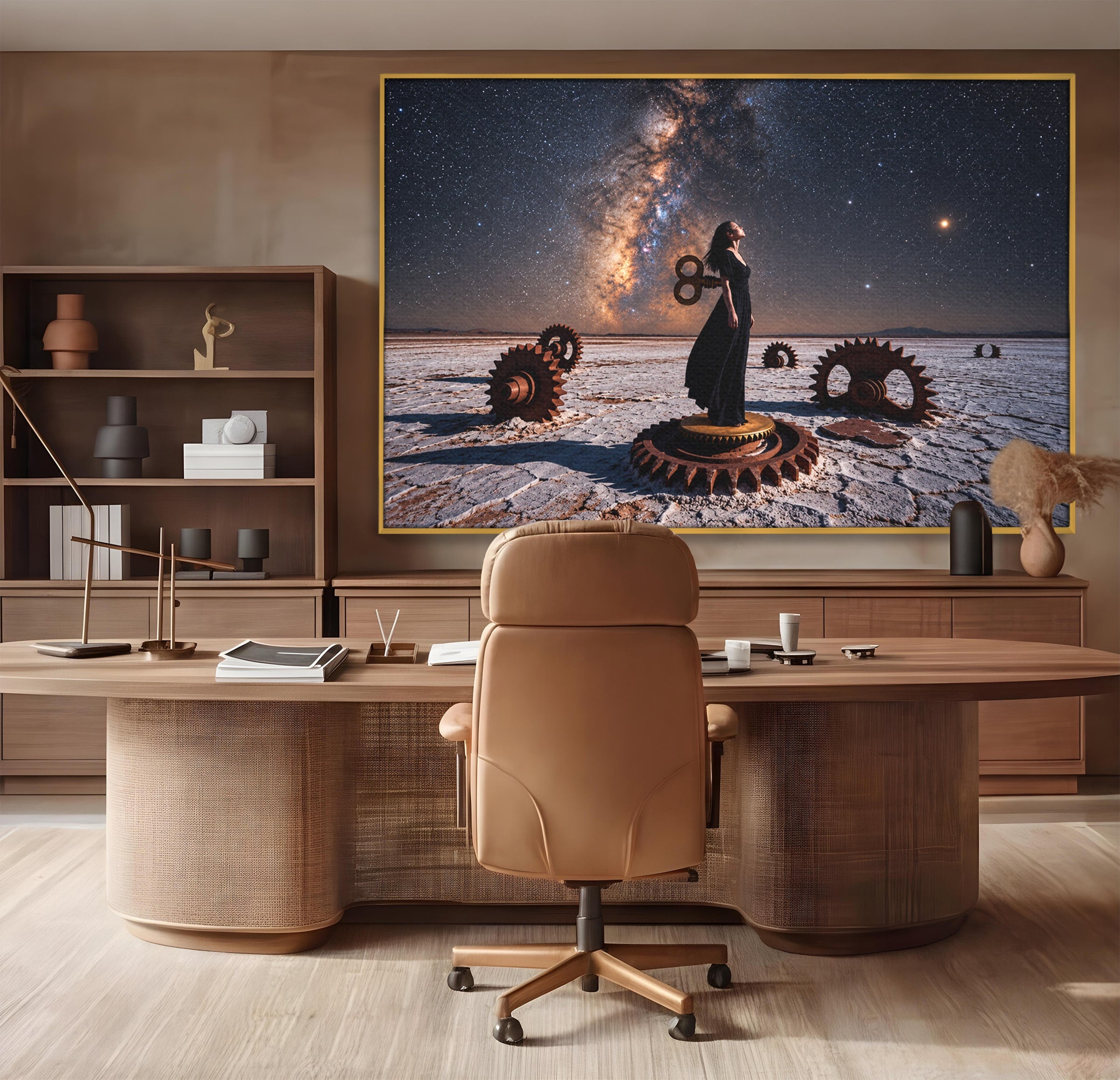 Tablou Canvas Premium LuxCanva® U1013, Femeie In Universul Mecanic, Stele, Mecanica, Desert, Fantezie, Femeie, Dormitor, Culori Vibrante