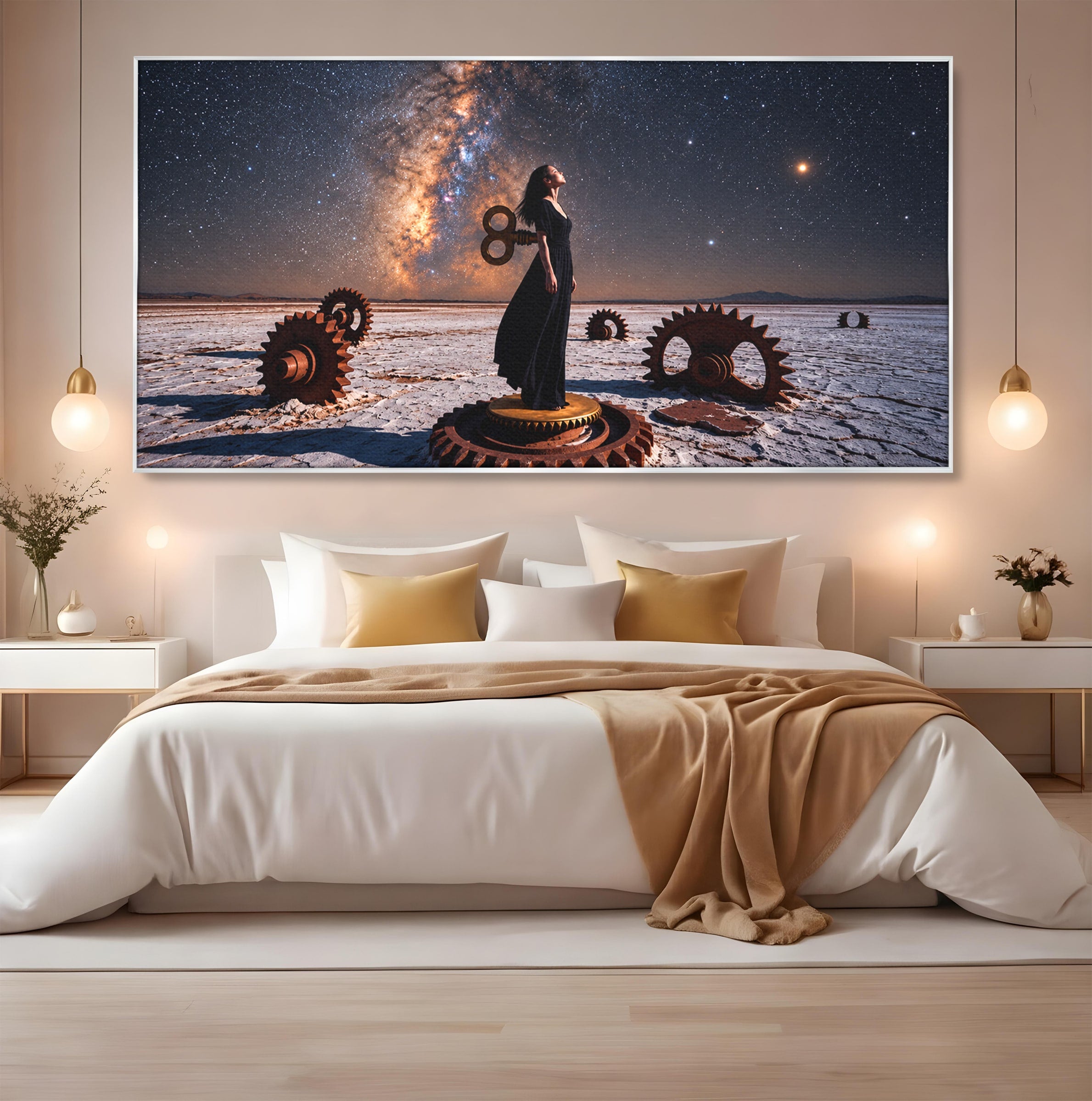 Tablou Canvas Premium LuxCanva® U1013, Femeie In Universul Mecanic, Stele, Mecanica, Desert, Fantezie, Femeie, Dormitor, Culori Vibrante