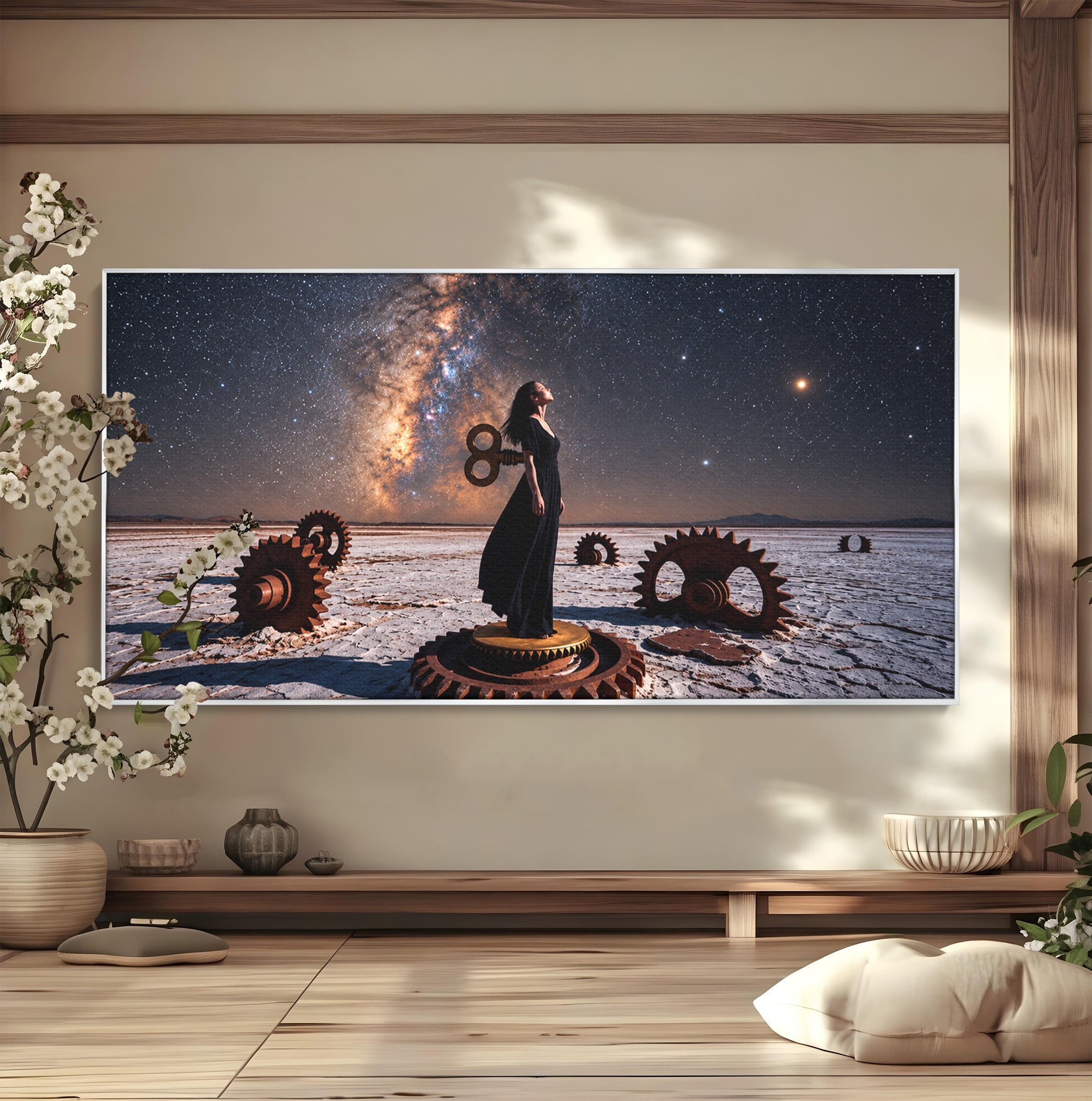 Tablou Canvas Premium LuxCanva® U1013, Femeie In Universul Mecanic, Stele, Mecanica, Desert, Fantezie, Femeie, Dormitor, Culori Vibrante