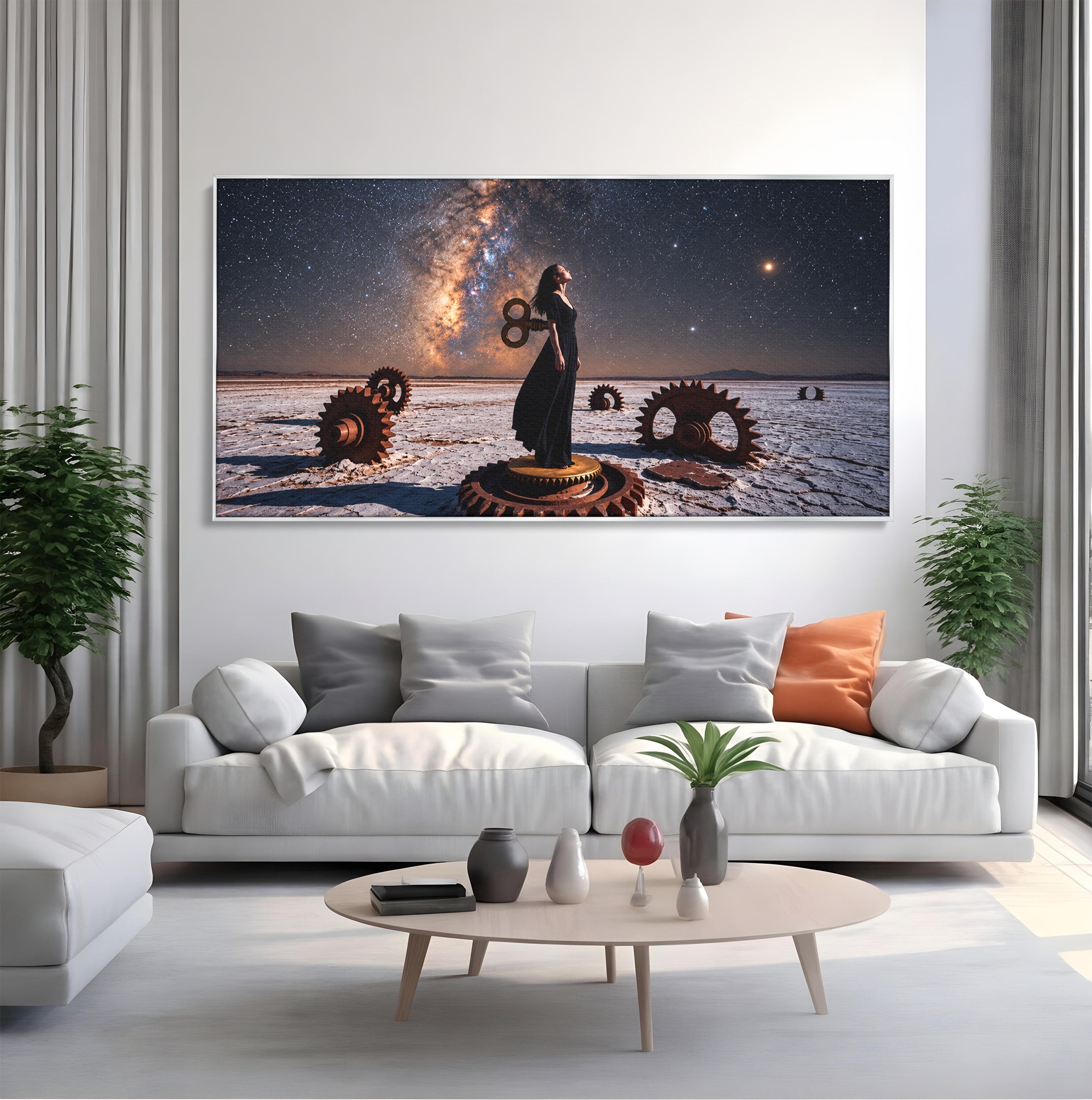Tablou Canvas Premium LuxCanva® U1013, Femeie In Universul Mecanic, Stele, Mecanica, Desert, Fantezie, Femeie, Dormitor, Culori Vibrante