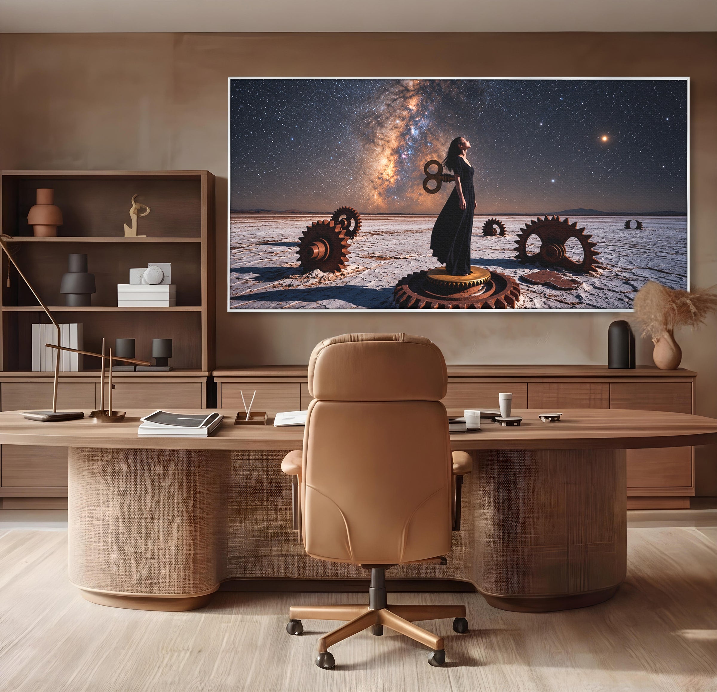 Tablou Canvas Premium LuxCanva® U1013, Femeie In Universul Mecanic, Stele, Mecanica, Desert, Fantezie, Femeie, Dormitor, Culori Vibrante