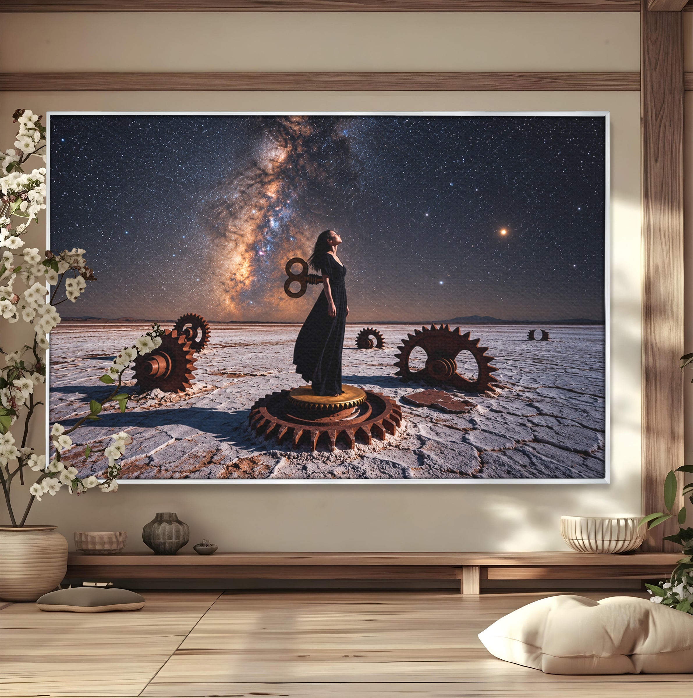 Tablou Canvas Premium LuxCanva® U1013, Femeie In Universul Mecanic, Stele, Mecanica, Desert, Fantezie, Femeie, Dormitor, Culori Vibrante
