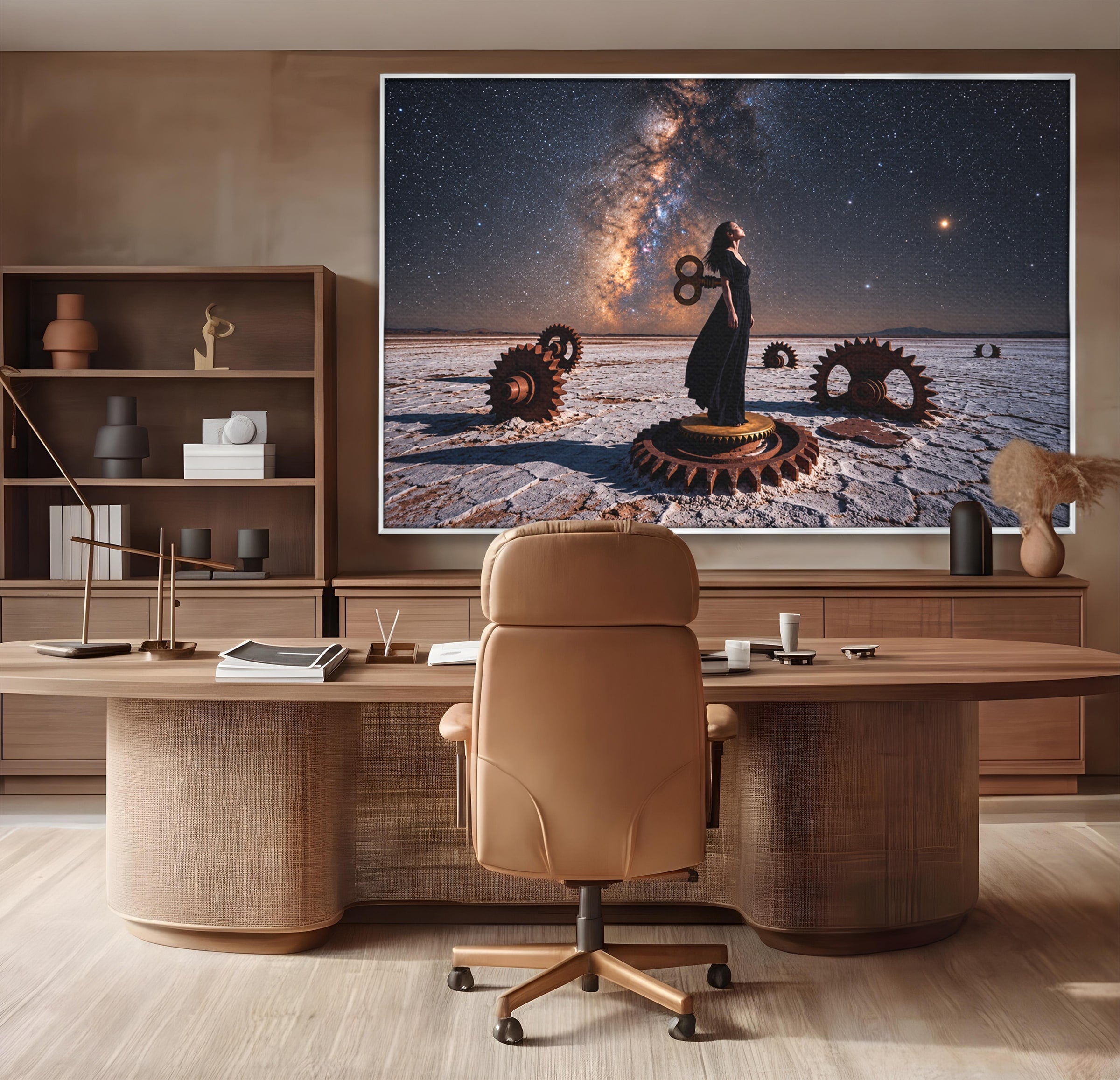 Tablou Canvas Premium LuxCanva® U1013, Femeie In Universul Mecanic, Stele, Mecanica, Desert, Fantezie, Femeie, Dormitor, Culori Vibrante