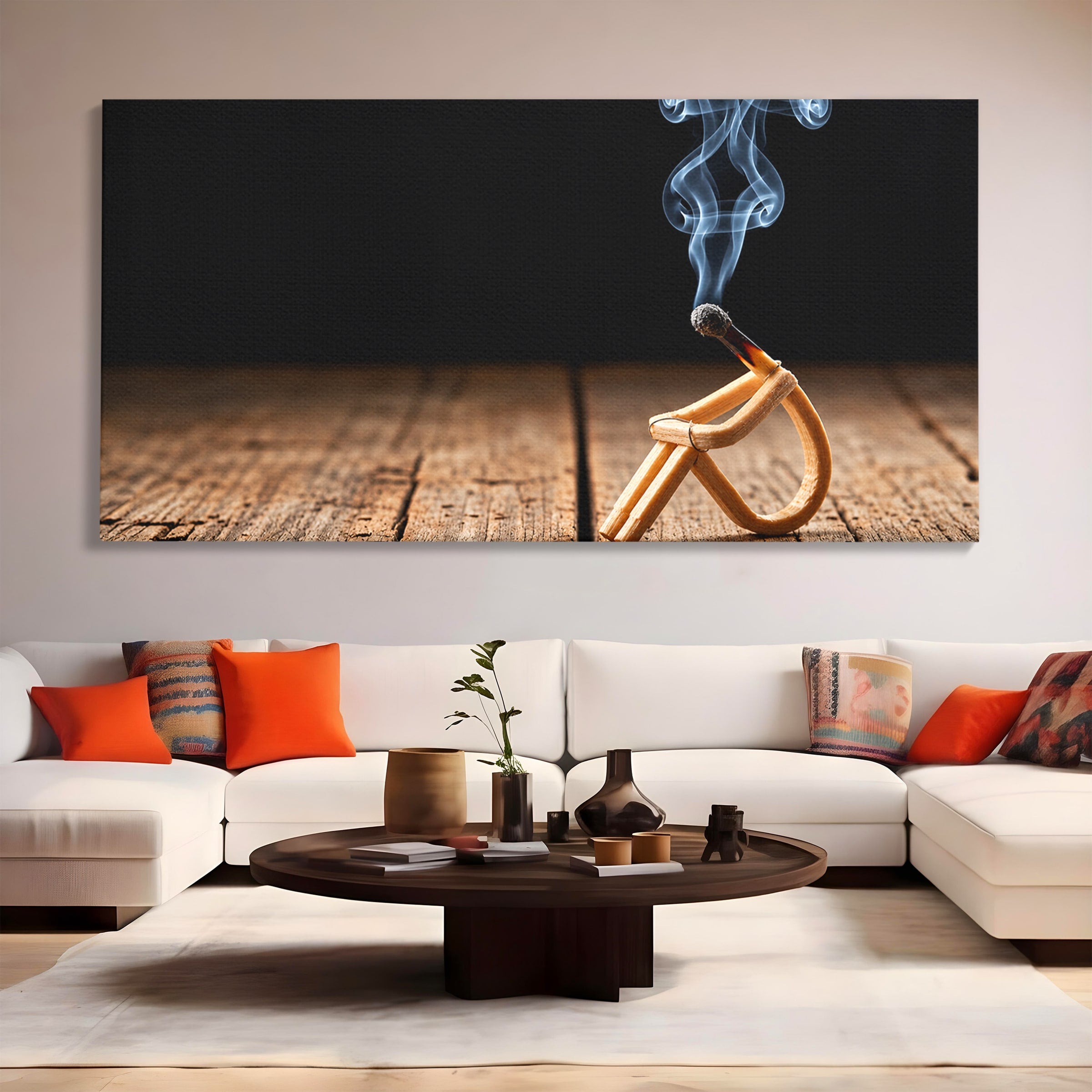 Tablou Canvas Premium LuxCanva® U1016, Chibrit Fumegand Artistic, Fum, Minimalist, Arta Moderna, Chibrit, Birou, Culori Vibrante