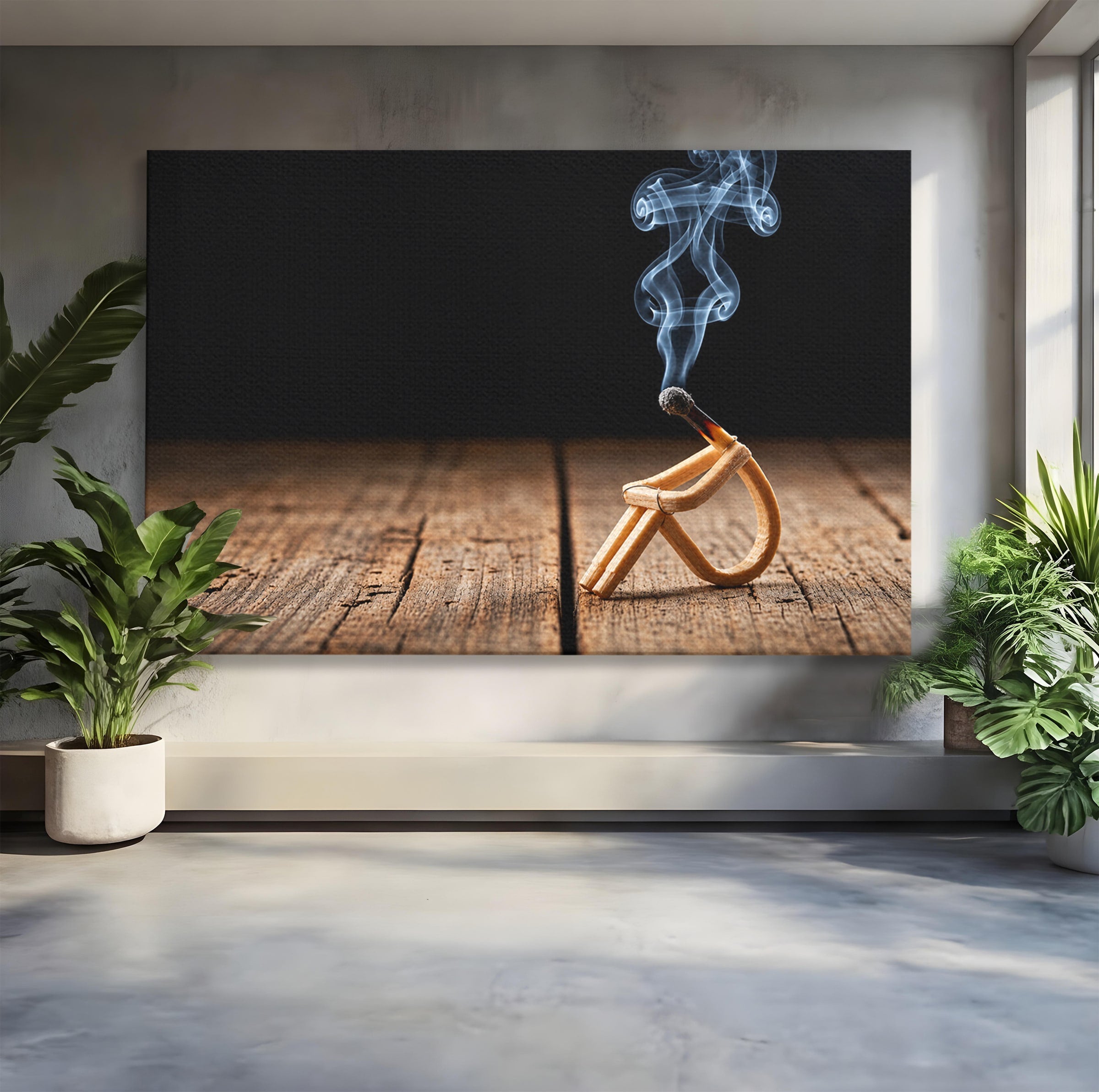 Tablou Canvas Premium LuxCanva® U1016, Chibrit Fumegand Artistic, Fum, Minimalist, Arta Moderna, Chibrit, Birou, Culori Vibrante