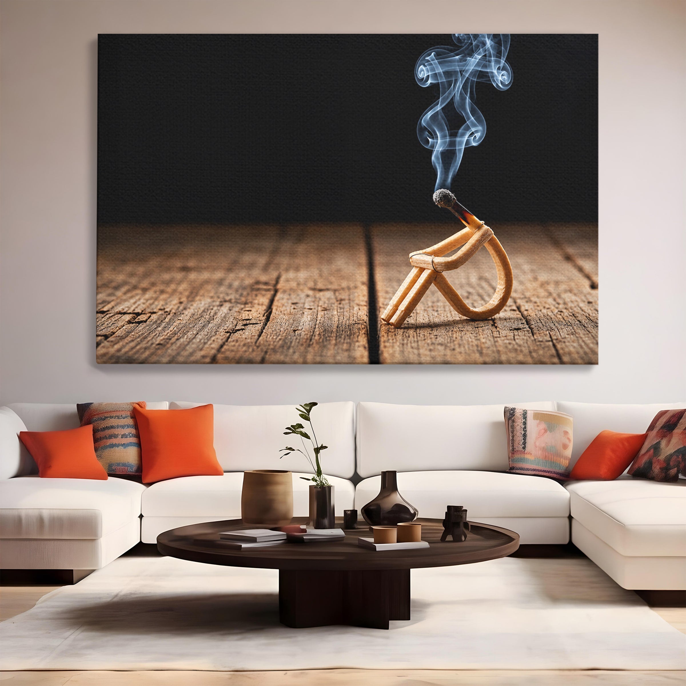 Tablou Canvas Premium LuxCanva® U1016, Chibrit Fumegand Artistic, Fum, Minimalist, Arta Moderna, Chibrit, Birou, Culori Vibrante