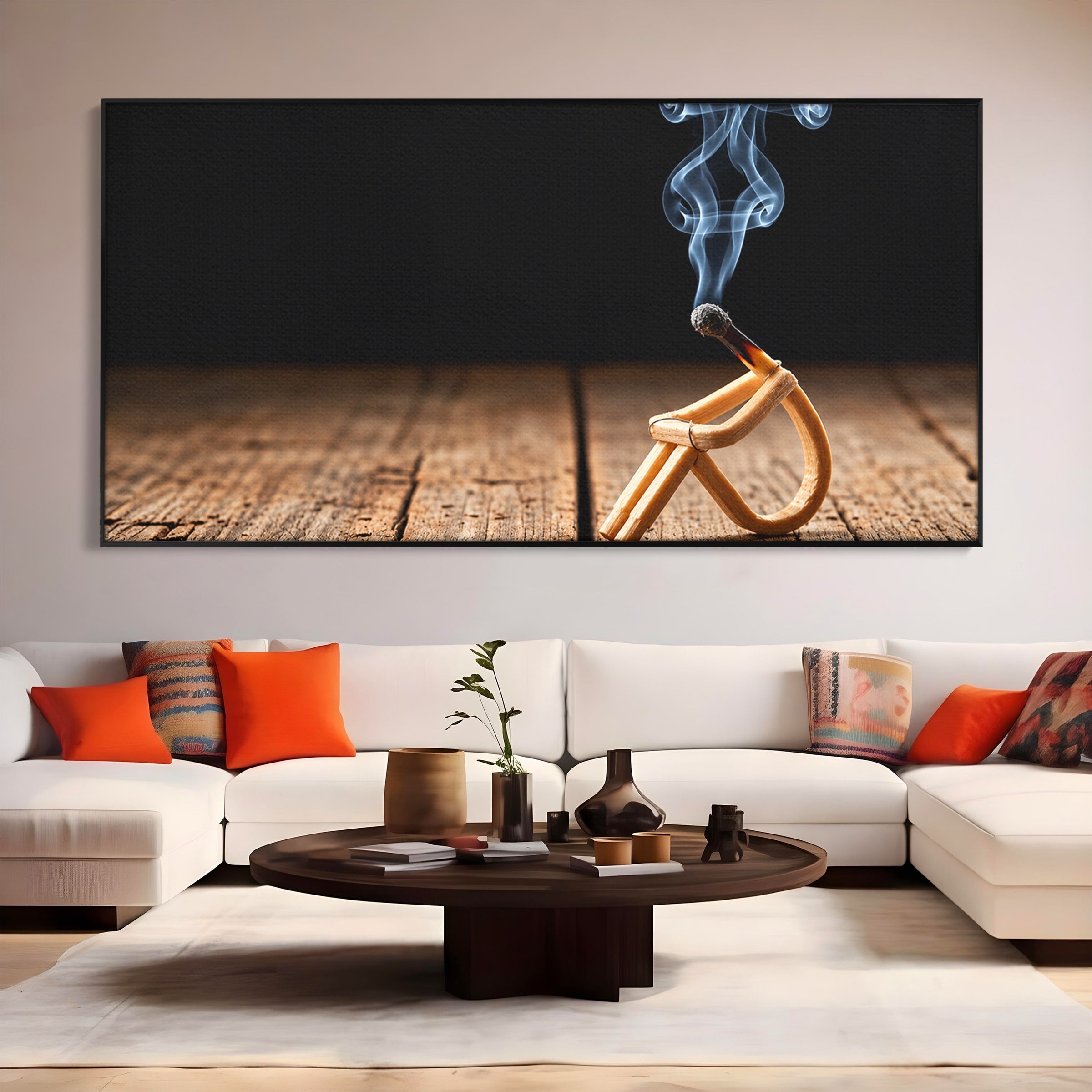 Tablou Canvas Premium LuxCanva® U1016, Chibrit Fumegand Artistic, Fum, Minimalist, Arta Moderna, Chibrit, Birou, Culori Vibrante