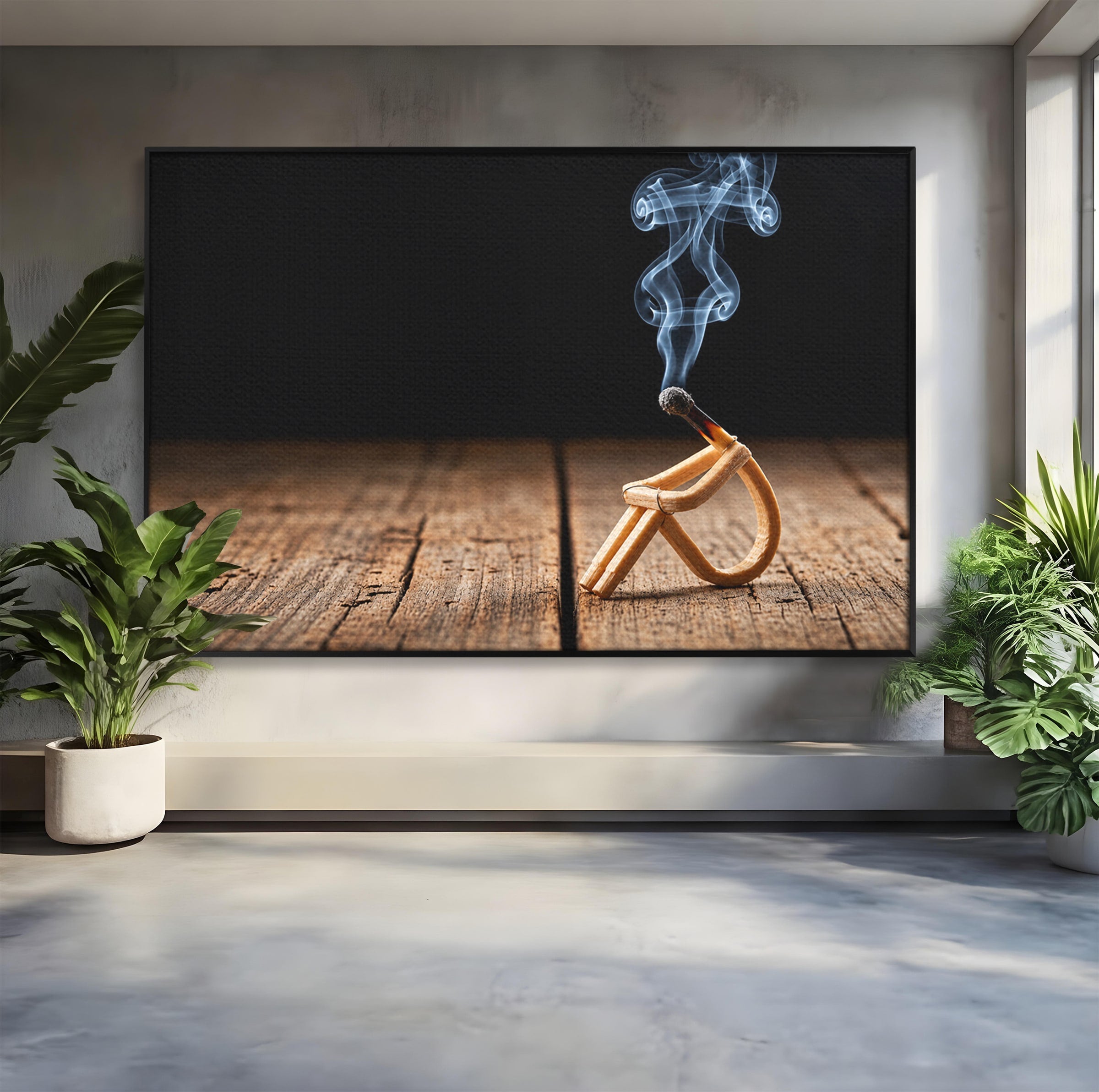 Tablou Canvas Premium LuxCanva® U1016, Chibrit Fumegand Artistic, Fum, Minimalist, Arta Moderna, Chibrit, Birou, Culori Vibrante